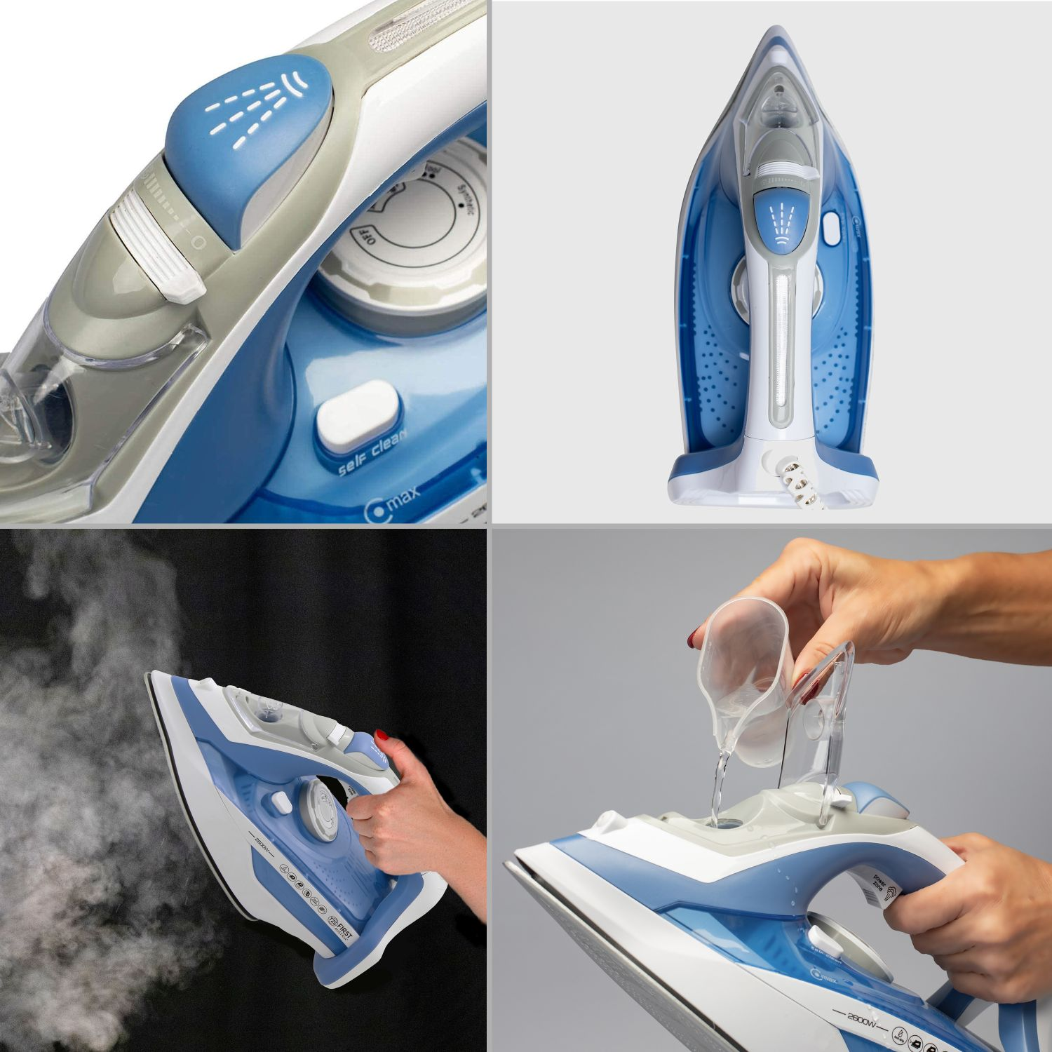 Ein Bügeleisen mit Dampf, Wasser wird hinzugefügt, Detailaufnahmen.