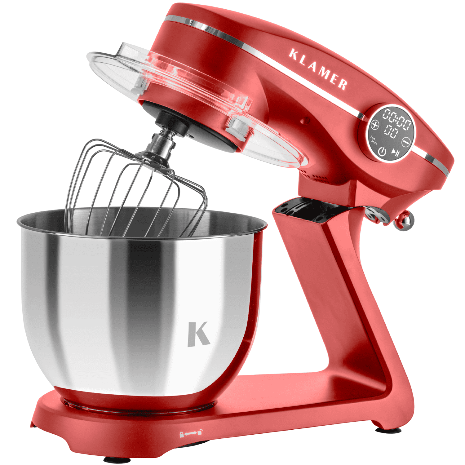 Roter Küchenmixer mit Edelstahl-Schüssel und Schneebesen. Der Mixer hat einen transparenten Spritzschutz.