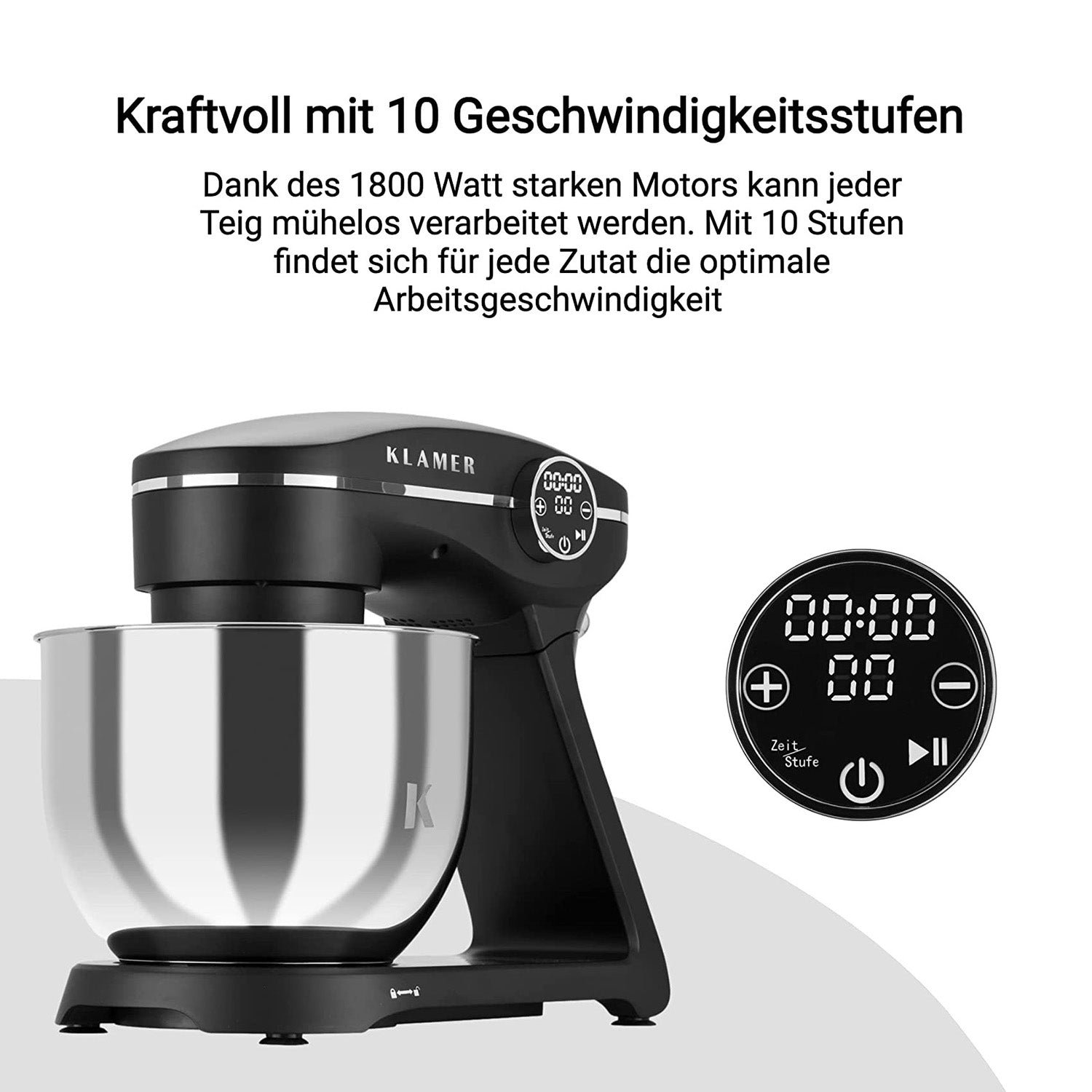Schwarzer Küchenmixer mit digitaler Anzeige und Edelstahl-Schüssel.