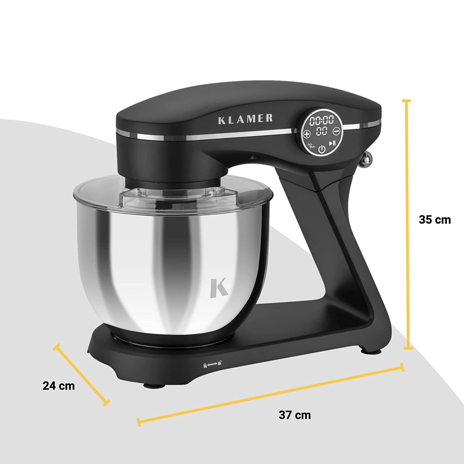 Ein schwarzer Küchenmixer mit Edelstahlschüssel, Abmessungen: 37x24x35 cm.
