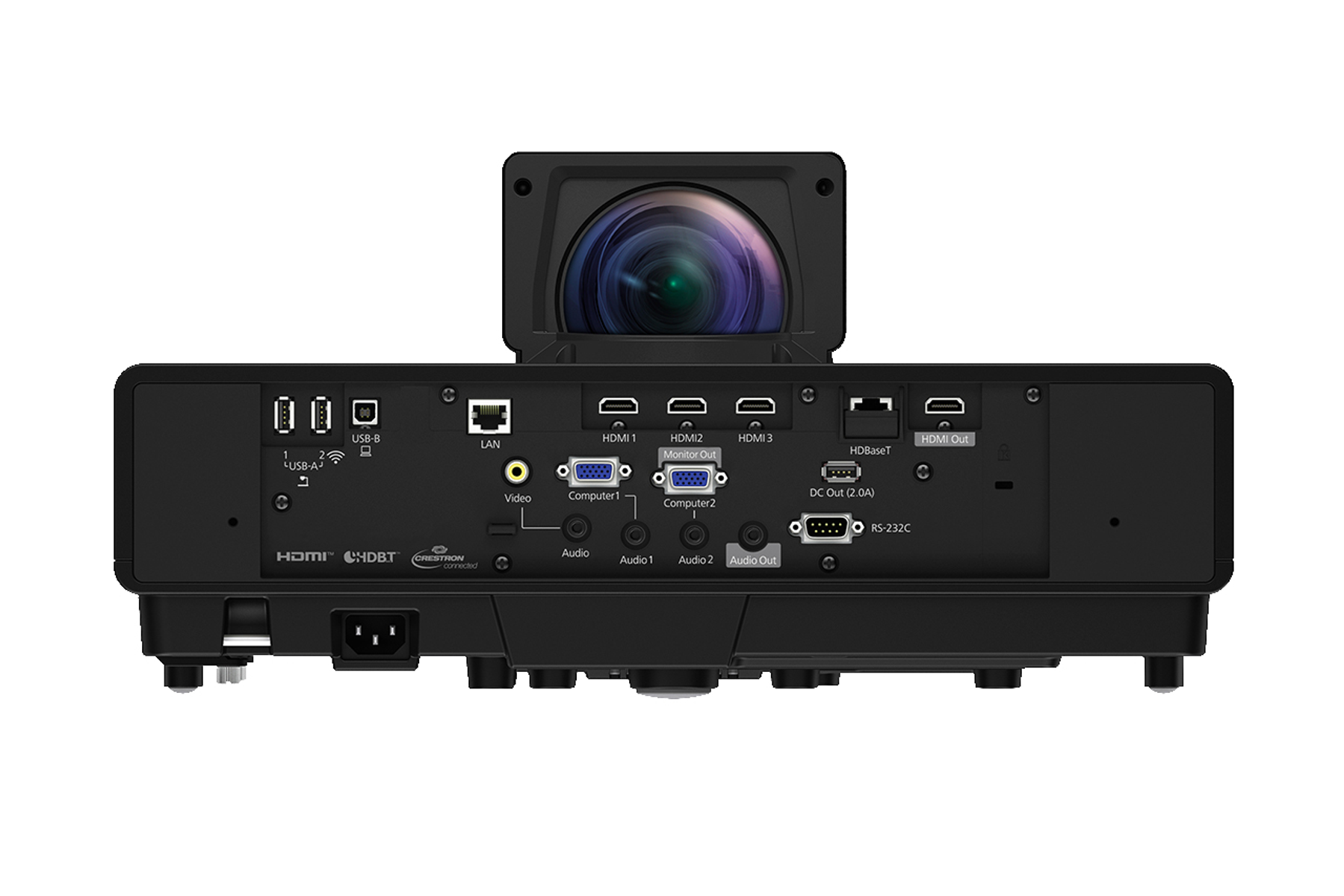Rückseite eines schwarzen Projektors mit mehreren Anschlüssen, darunter HDMI, USB und Audioeingänge.