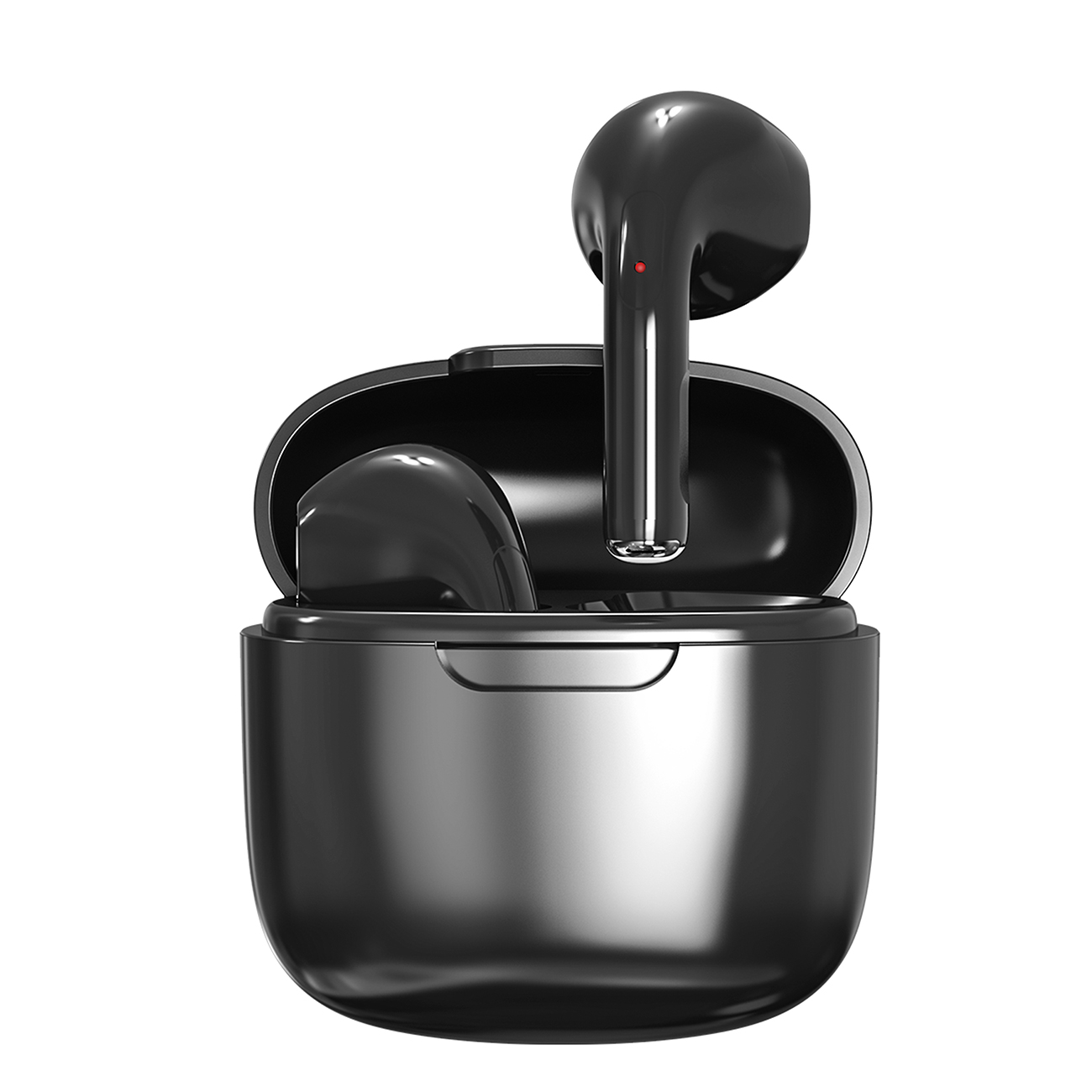 Auricolari wireless neri in una custodia di ricarica, sfondo bianco.