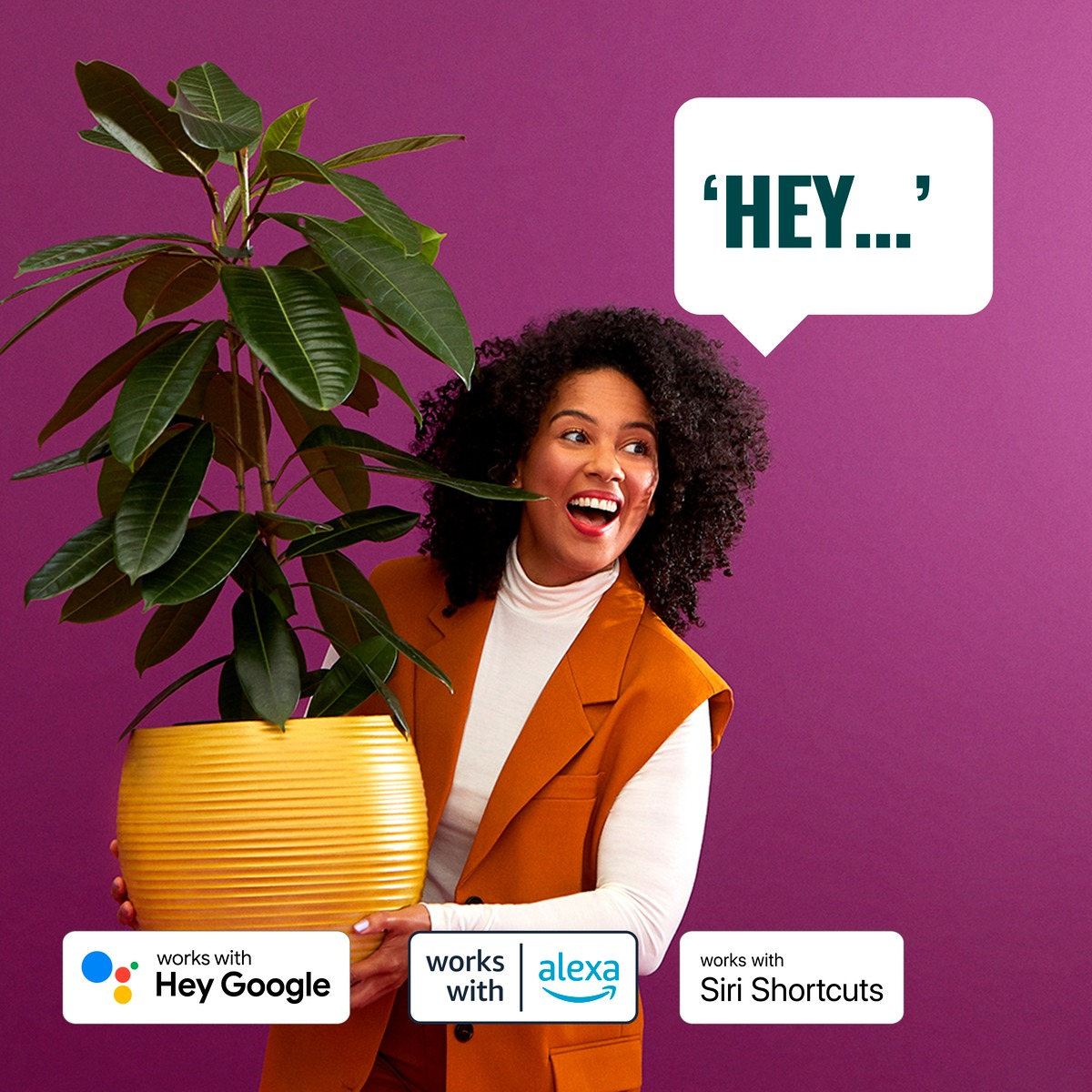 Frau mit Pflanze. Textblase mit 'Hey...'. Smart Home Integration Logos.