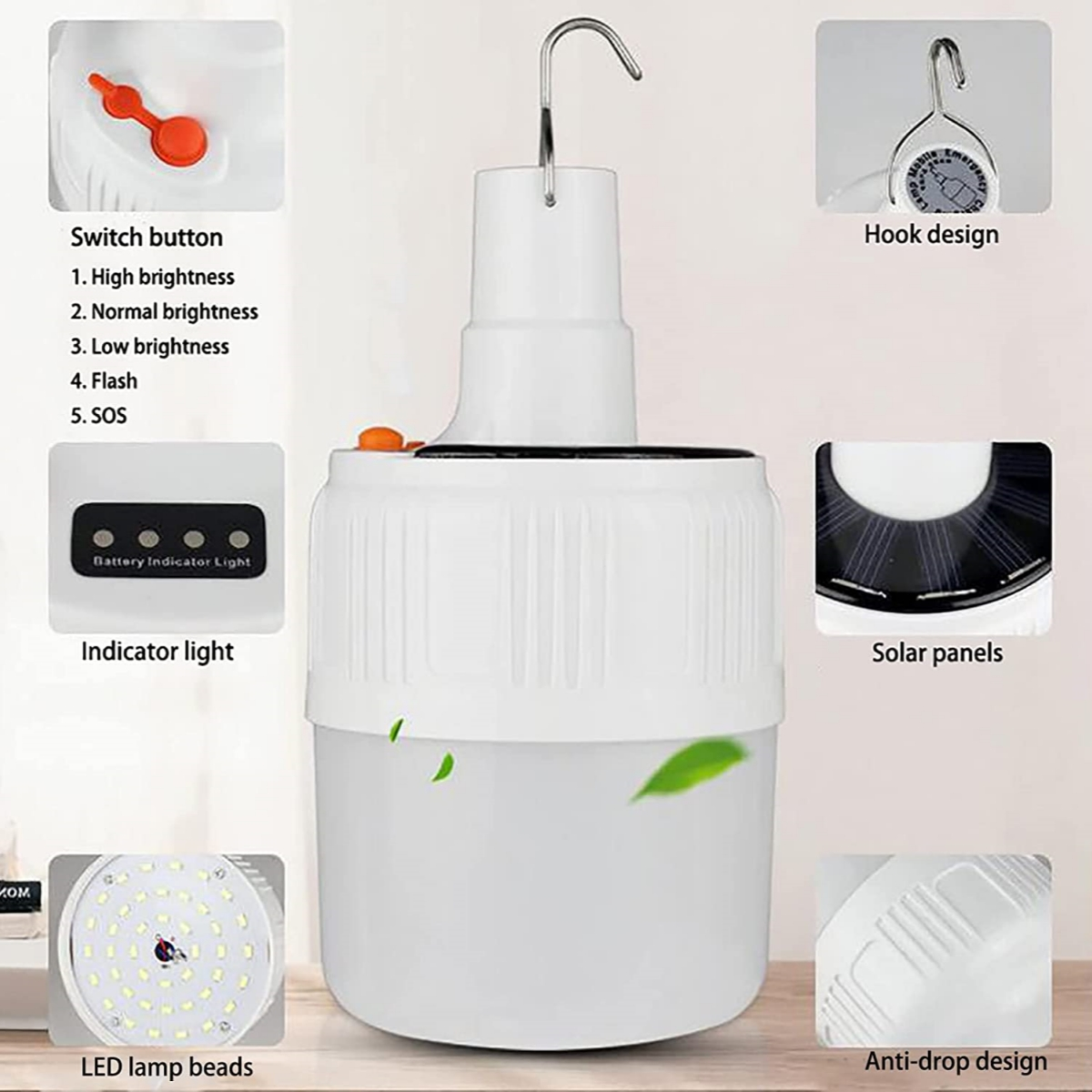 Weiße Campinglampe mit mehreren Funktionen. Enthält Schalter, Kontrollleuchte und Solarzellen.