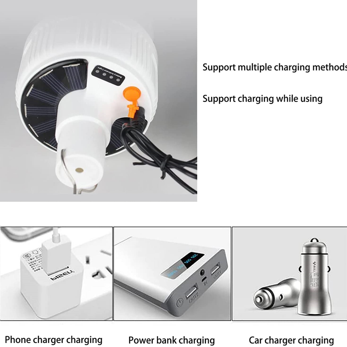 Weiße Campinglaterne mit Solarpanel und Lademöglichkeiten: Telefon, Powerbank, Auto.