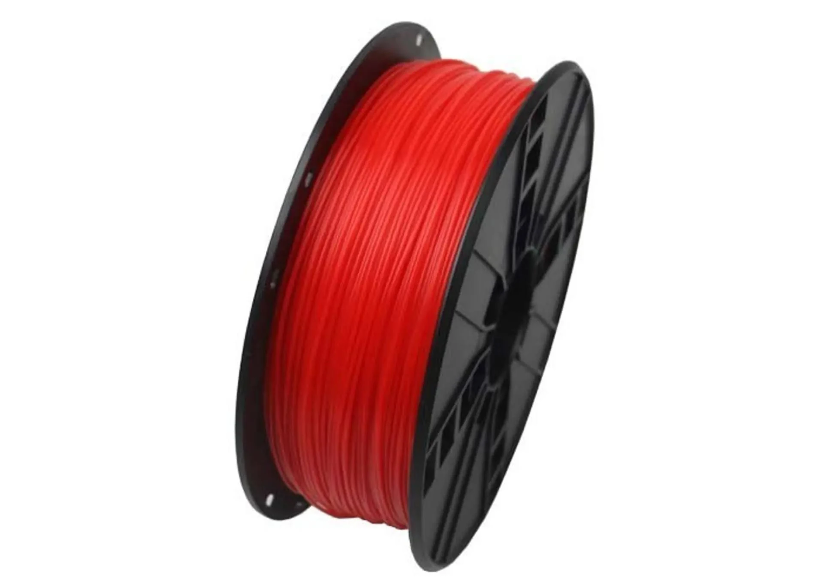 Rotes 3D-Drucker-Filament auf einer schwarzen Spule. Weißer Hintergrund.