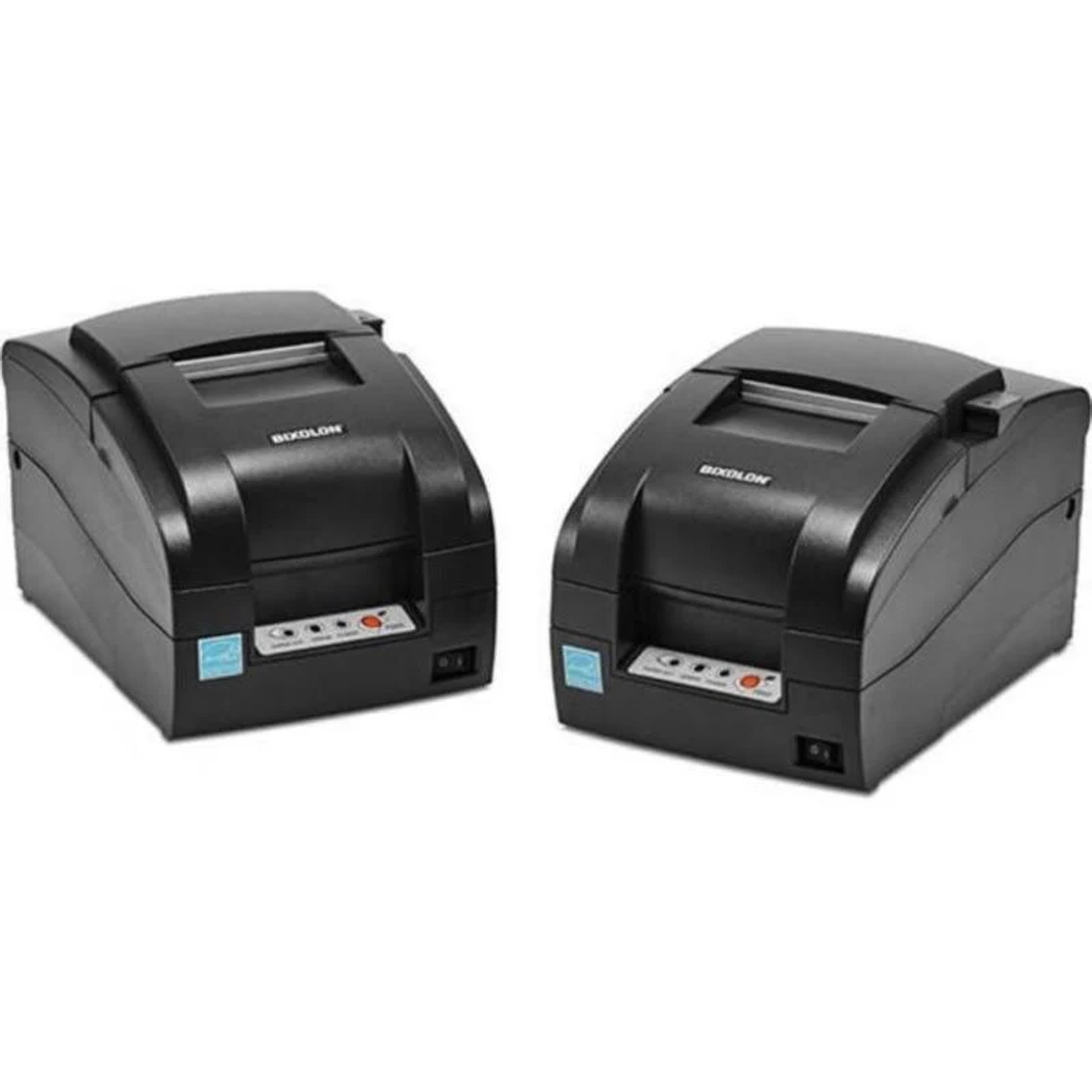 Zwei schwarze Thermodrucker nebeneinander, mit sichtbarem Markennamen.