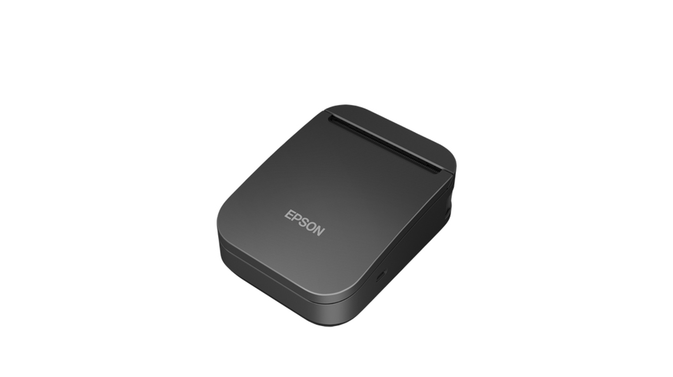 Stampante nera e compatta con marchio 'EPSON'. Sfondo bianco.