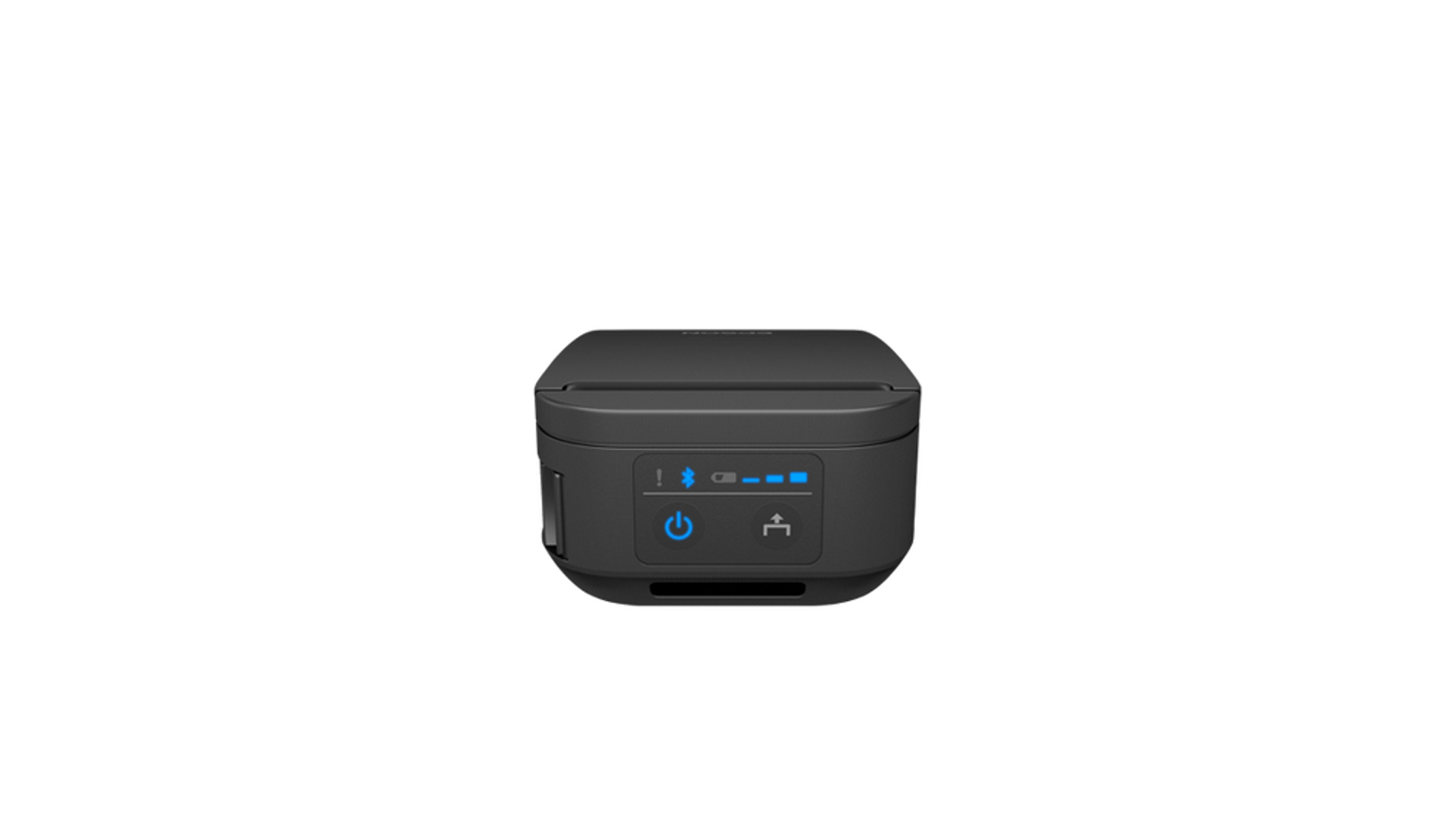 Un piccolo dispositivo nero con un pulsante di accensione e porte di connessione, sfondo bianco.