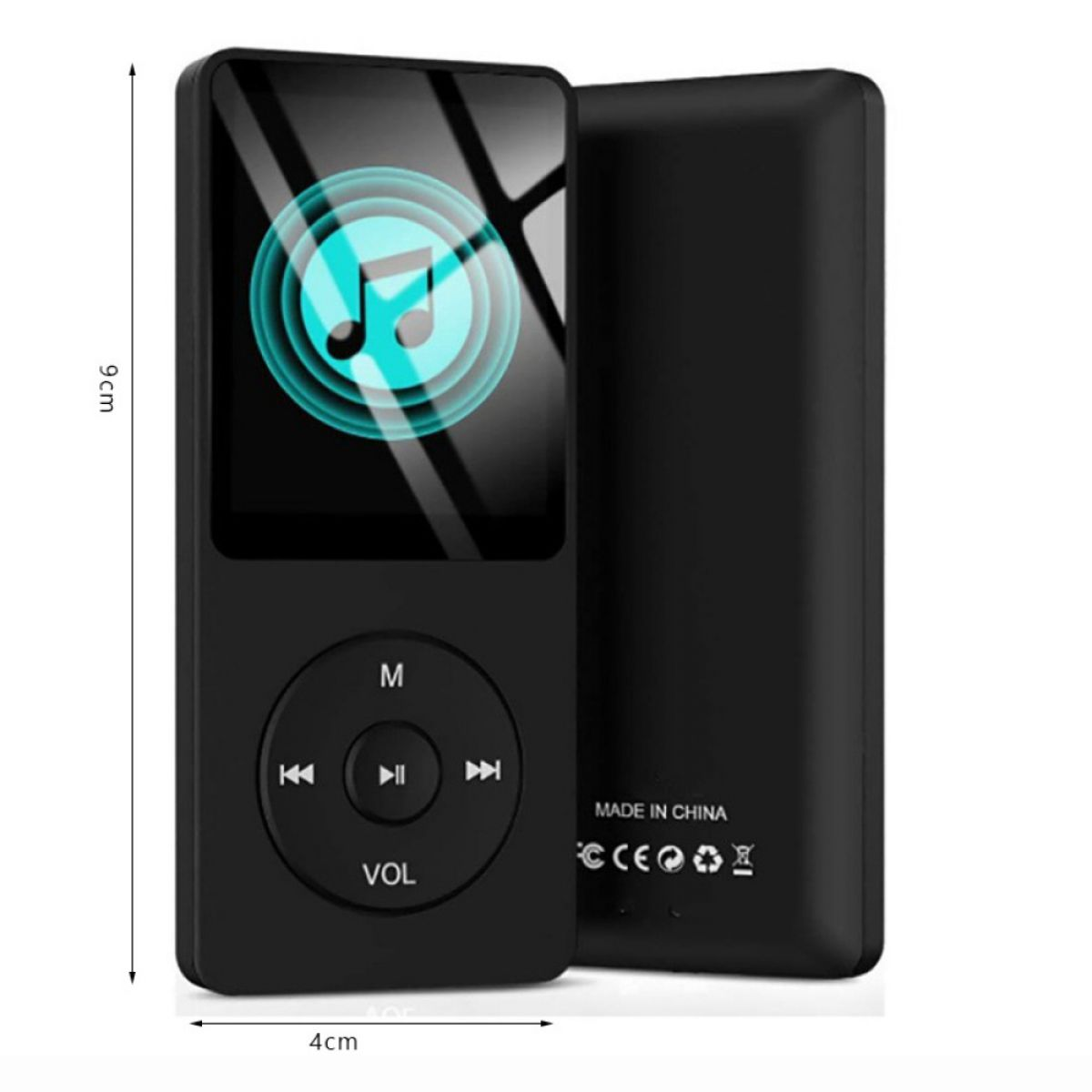 Ein schwarzer tragbarer Musikplayer mit einem Bildschirm, der ein Musiknoten-Symbol anzeigt. Er hat Knöpfe zur Steuerung.