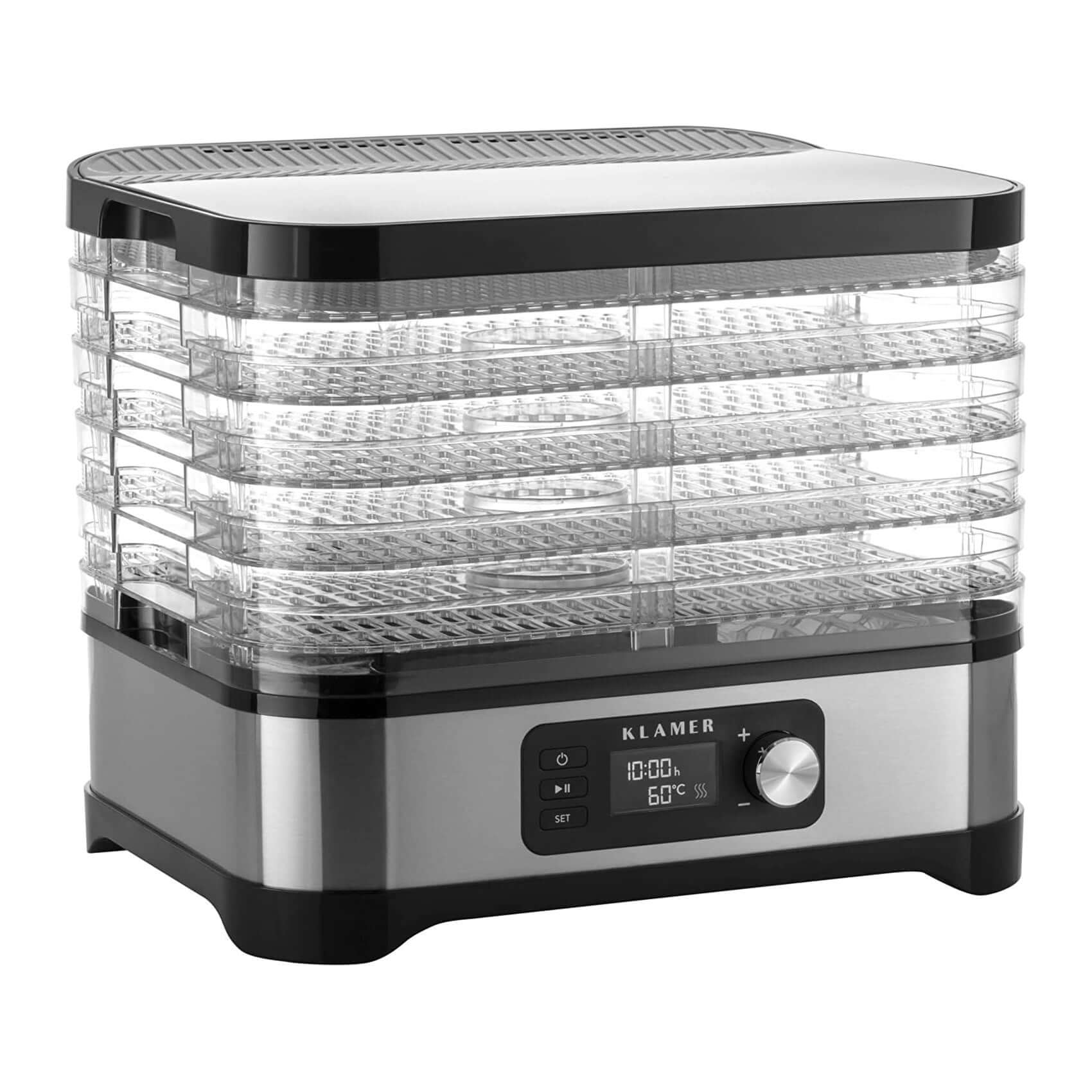 Nahrungsmittel-Dehydrator aus Edelstahl und Schwarz mit mehreren transparenten Tabletts.
