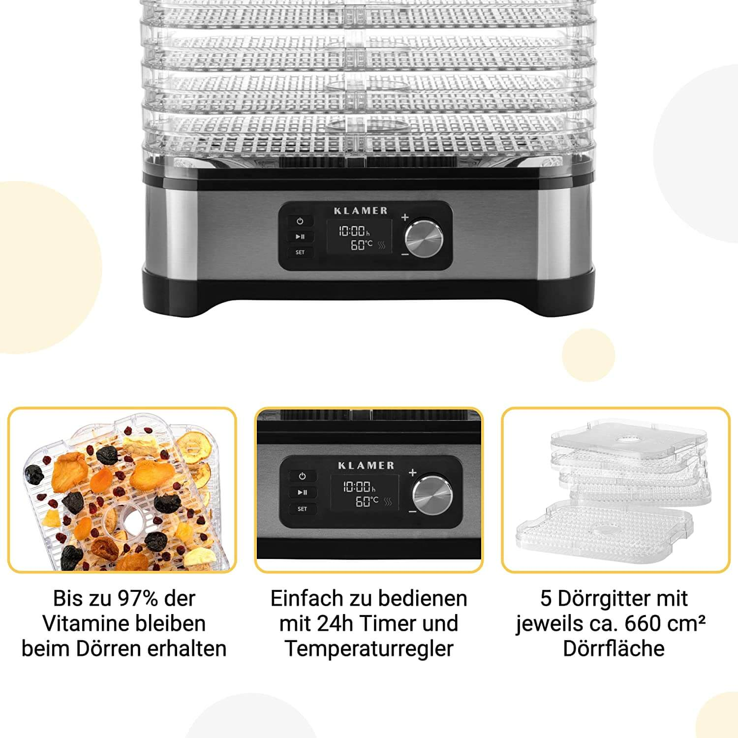 Dörrautomat mit Tabletts und Trockenfrüchten, mit Text auf Deutsch.