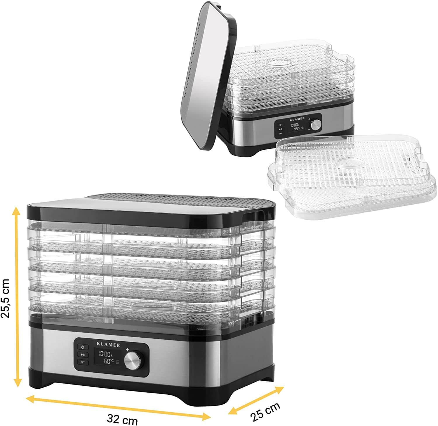 Ein Lebensmittel-Dehydrator mit mehreren transparenten Tabletts wird angezeigt. Maße sind an der Seite markiert: 25,5 cm, 32 cm und 25 cm.