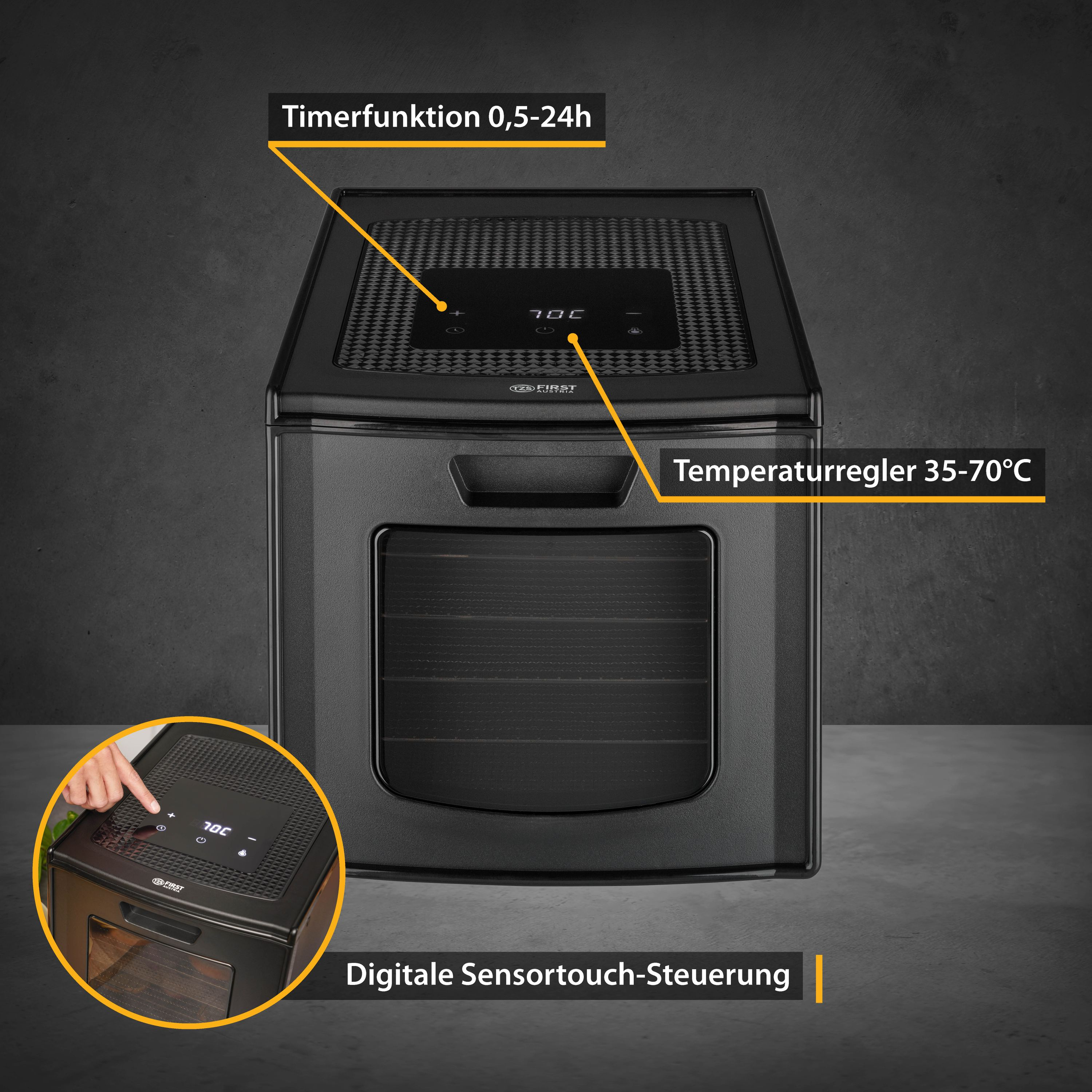 Schwarzer Ofen mit Digitalsteuerung. Text zeigt Timer und Temperaturbereich von 35-70°C.