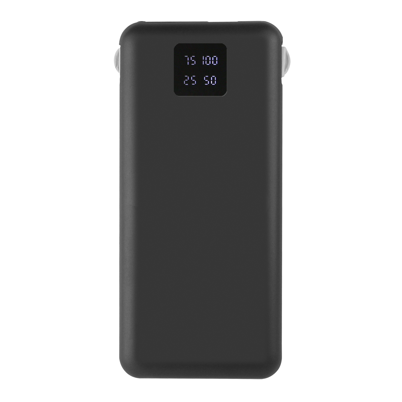 Eine schwarze Powerbank mit einer Anzeige, die den Batteriestand auf weißem Hintergrund zeigt.
