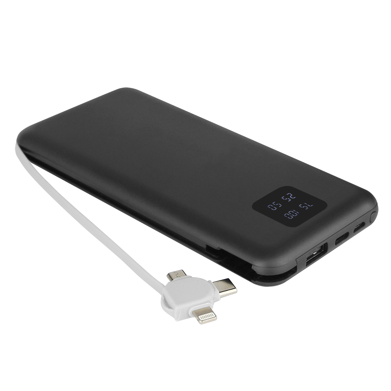 Eine schwarze Powerbank mit einem weißen Multi-Stecker-Kabel und digitaler Anzeige.
