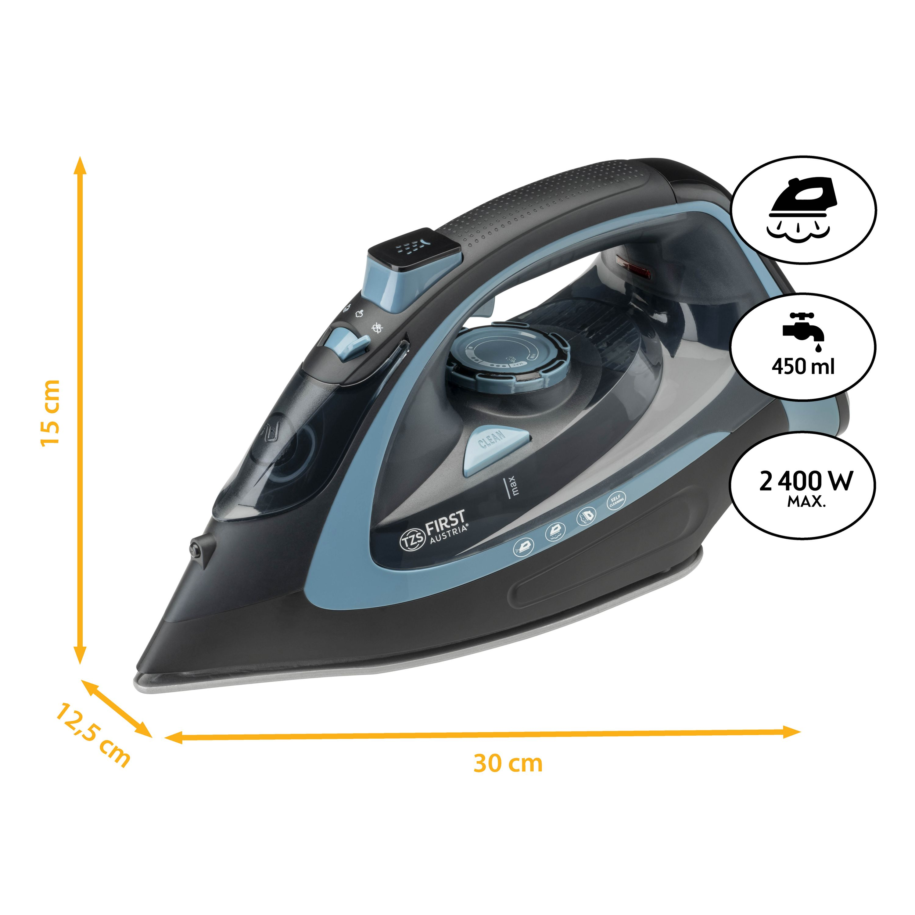 Ein schwarz-graues Bügeleisen mit Abmessungen und Symbolen für Dampf, Wasser und Leistung (2400 W).
