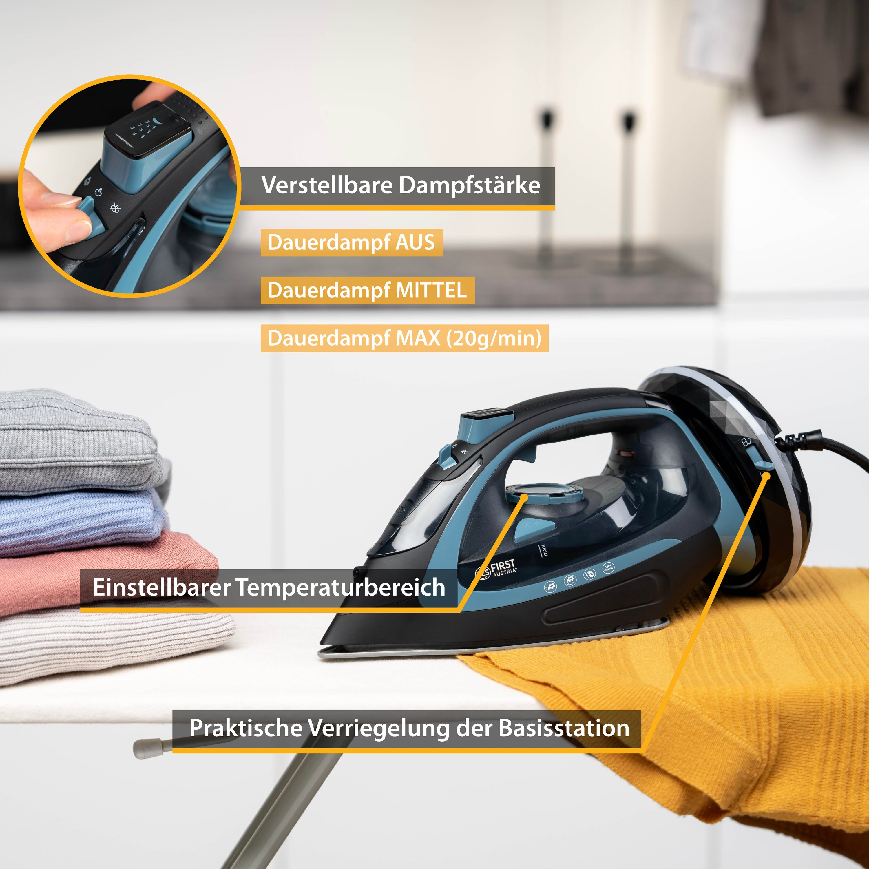 Ein Bügeleisen mit einstellbaren Dampfeinstellungen und ein Stapel gefalteter Kleidung.