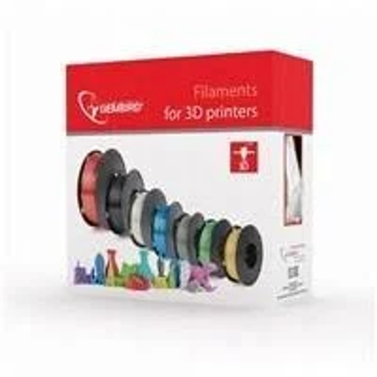 Box mit Filamenten für 3D-Drucker. Verschiedene Farben von Filamentrollen, weißer Hintergrund.