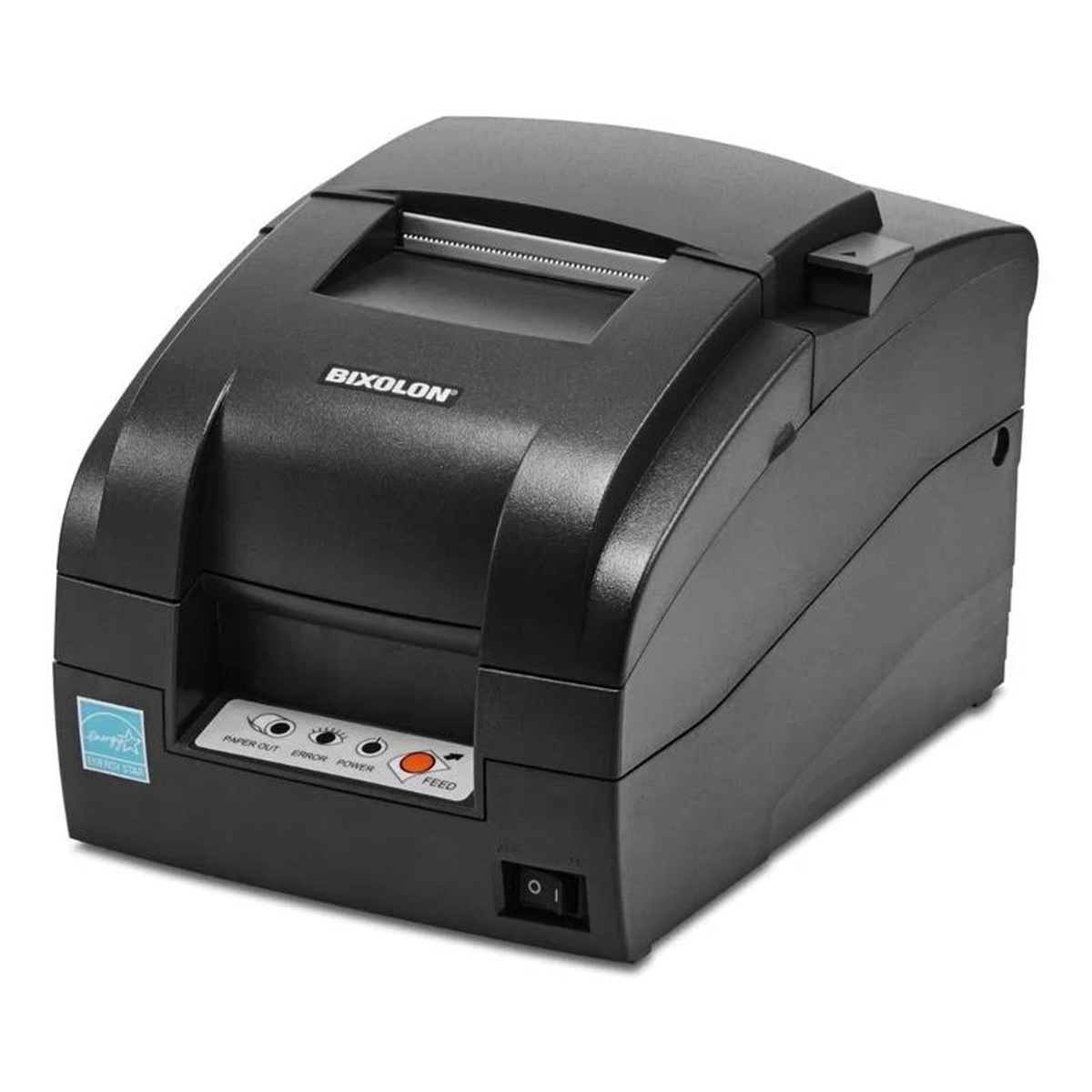 Schwarzer BIXOLON-Thermodrucker. Schwarzes Gehäuse mit Knöpfen und Netzschalter. Weißer Hintergrund.