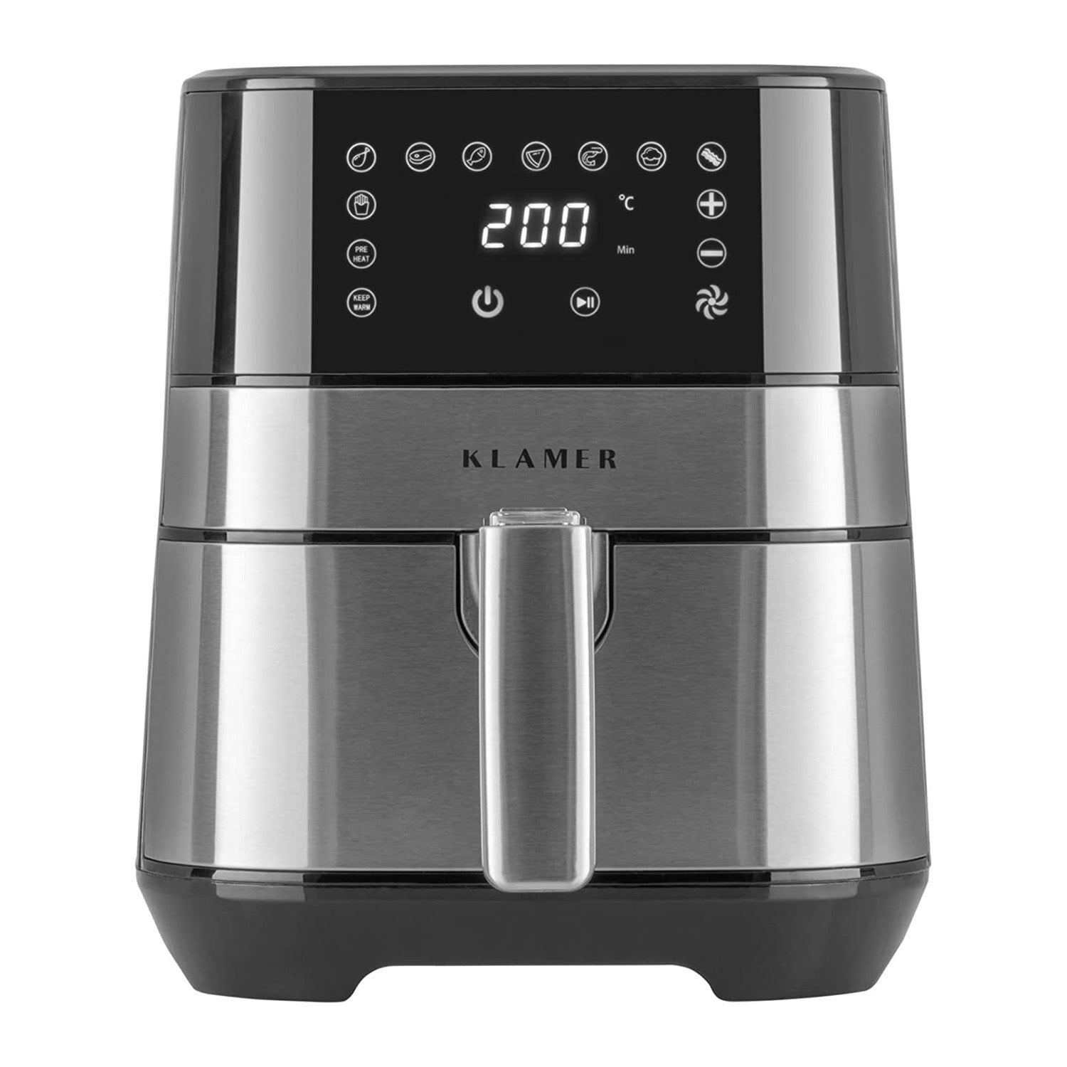 Silberner und schwarzer Airfryer mit Digitalanzeige, die 200 Grad anzeigt. Die Marke ist KLAMER.