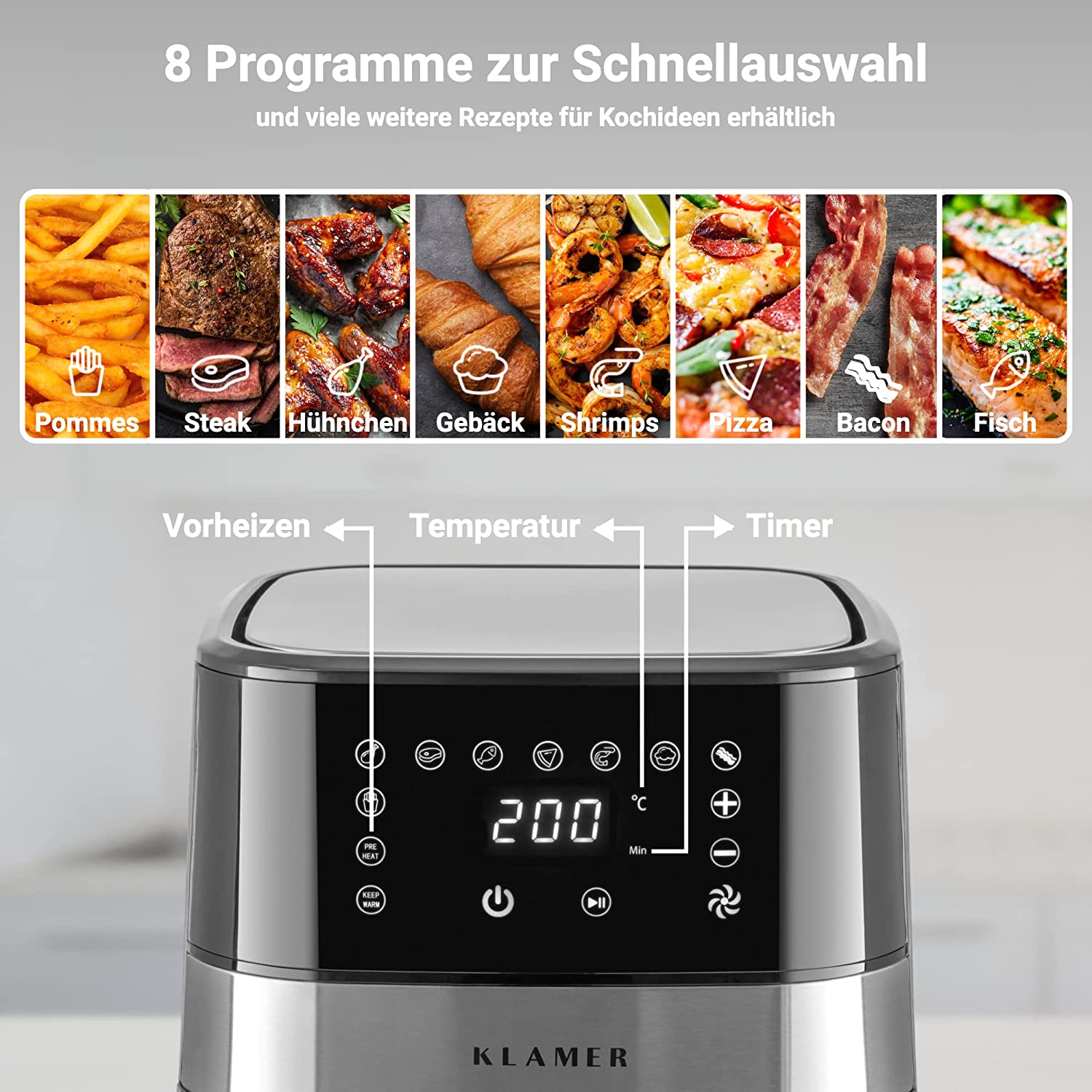 Eine Heißluftfritteuse mit Digitalanzeige, die 200°C anzeigt. Sie hat Knöpfe für verschiedene Kochprogramme.