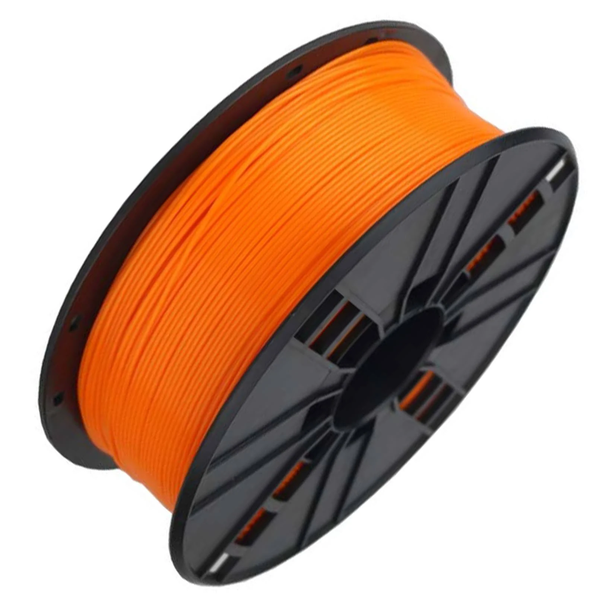 Oranges 3D-Druckerfilament auf einer schwarzen Spule, isoliert auf weißem Hintergrund.