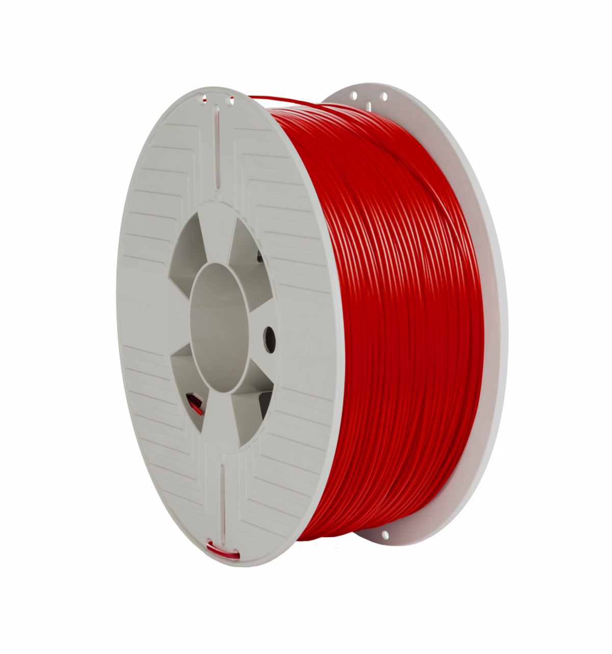 Eine rote 3D-Druck-Filament-Spule liegt auf einer weißen Oberfläche, mit weißer Spule und rotem Filament.