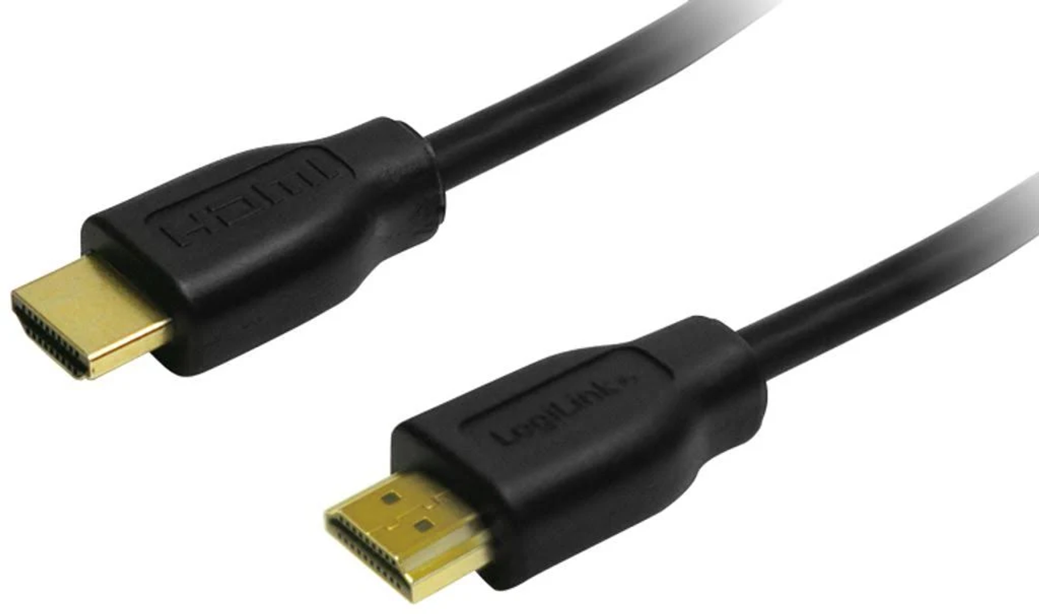 Schwarzes HDMI-Kabel mit Anschlüssen an beiden Enden. LogiLink auf einem Anschluss. Weißer Hintergrund.