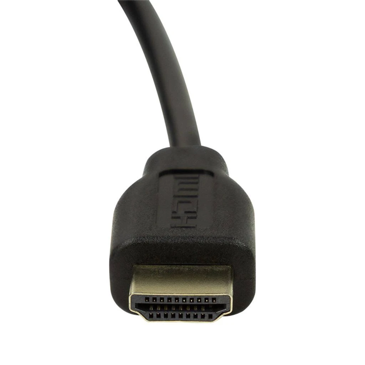 Nahaufnahme eines schwarzen HDMI-Kabelanschlusses. Der Anschluss ist in ein schwarzes Kabel gesteckt.