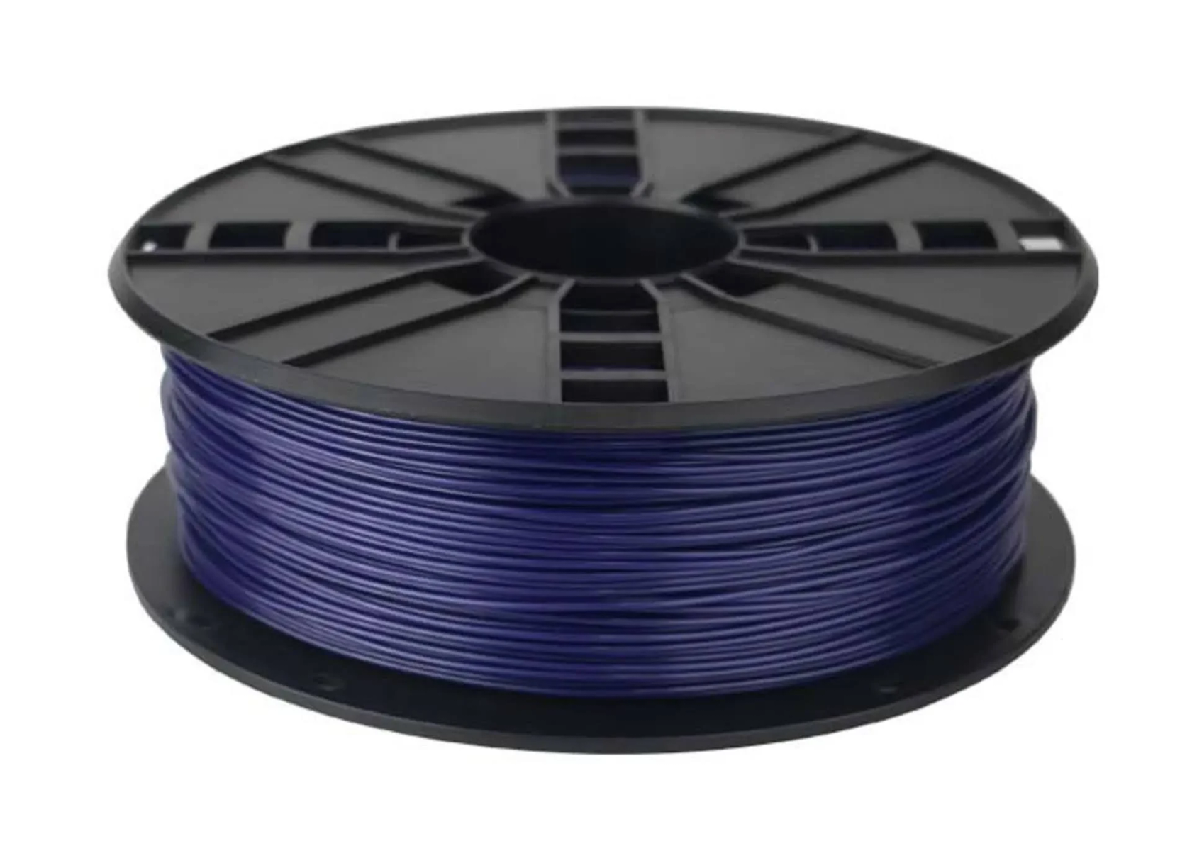 Spule dunkelblaues 3D-Druck-Filament, schwarze Spule, isoliert auf weißem Hintergrund.