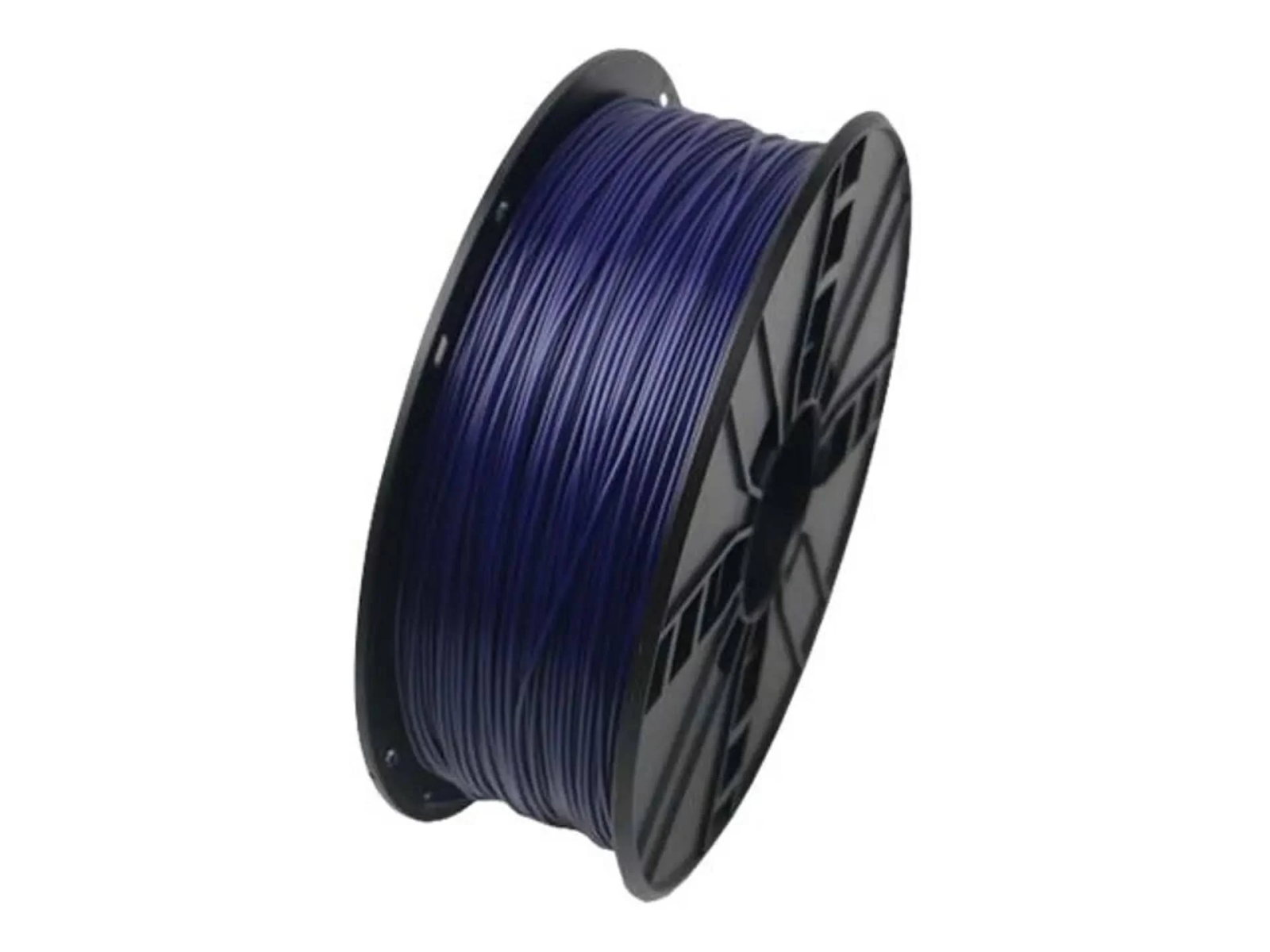Spule dunkelblaues 3D-Druckerfilament, schwarze Spule, vor weißem Hintergrund.