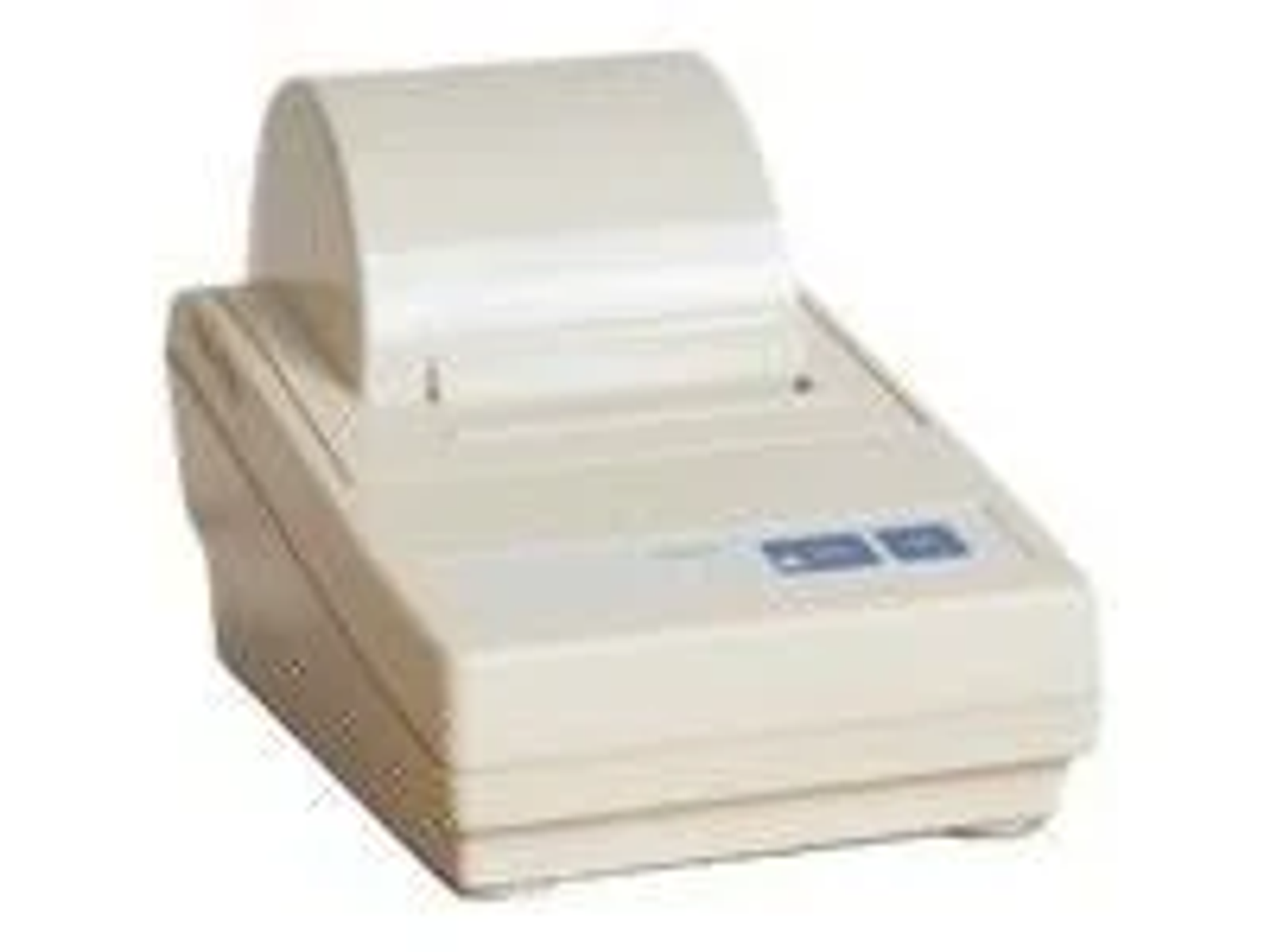 Cremefarbener Thermodrucker mit Papierrolle oben.
