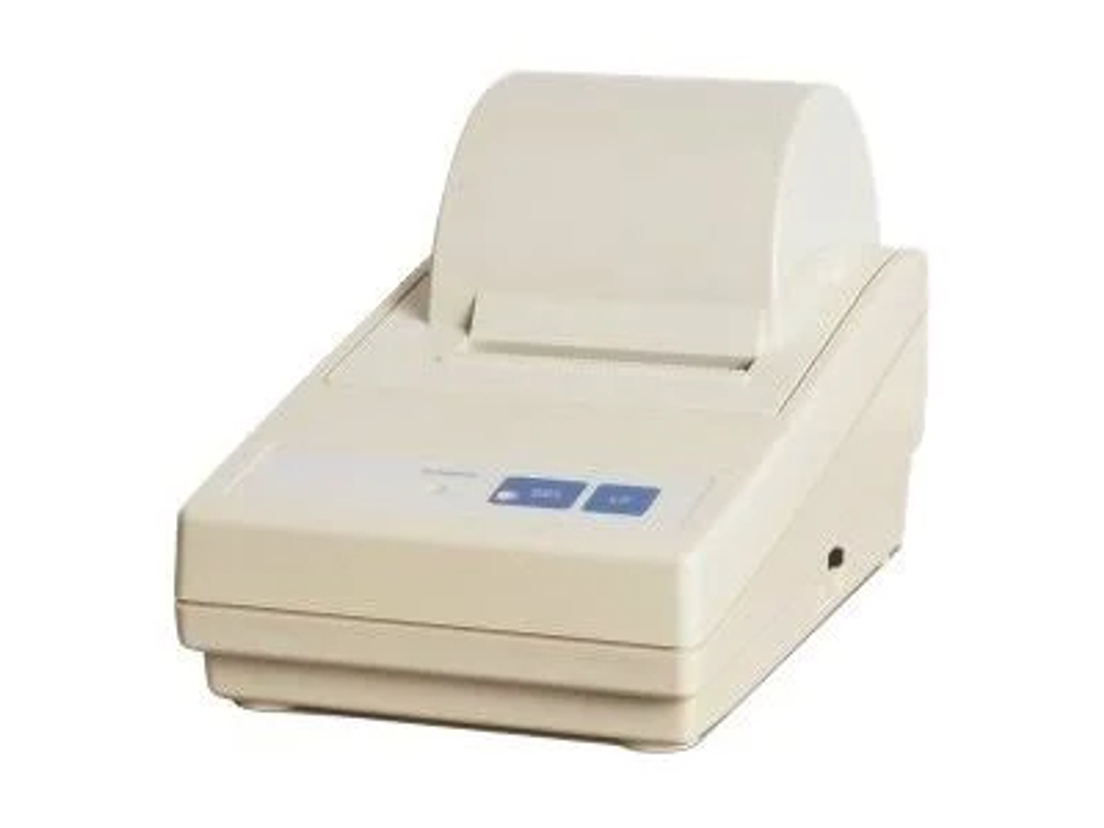 Ein kleiner beigefarbener Drucker mit zwei blauen Tasten und einem Papierrollenausgang. Weißer Hintergrund.