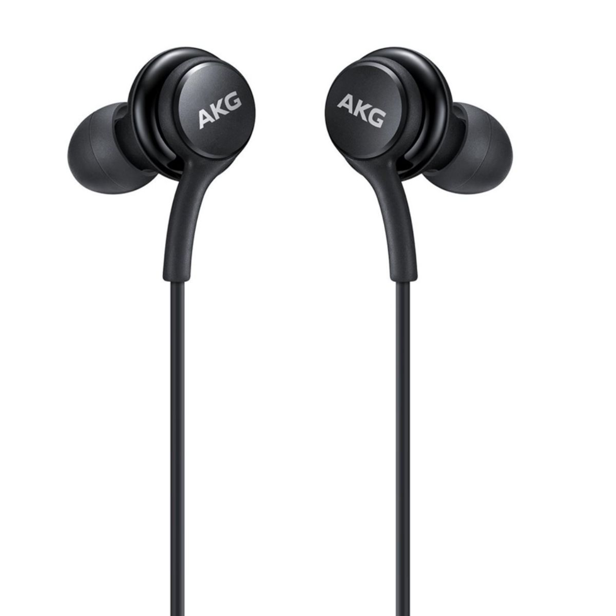Schwarze AKG Ohrhörer mit schwarzem Kabel.