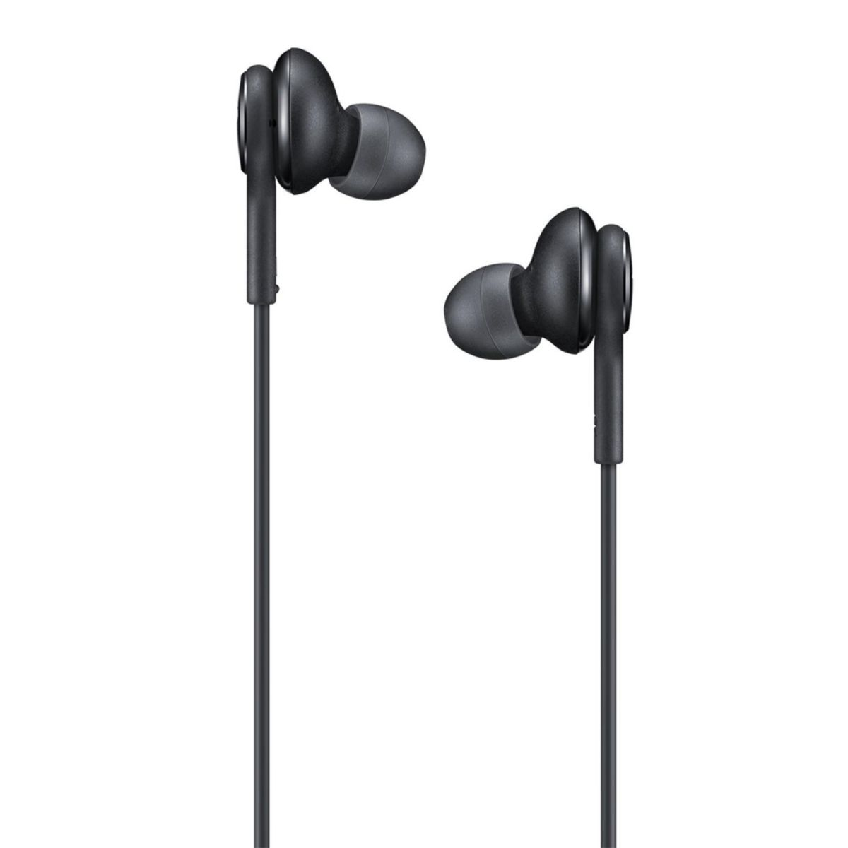 Zwei schwarze Ohrhörer, verbunden durch ein schwarzes Kabel. Die Ohrhörer sind im Fokus.