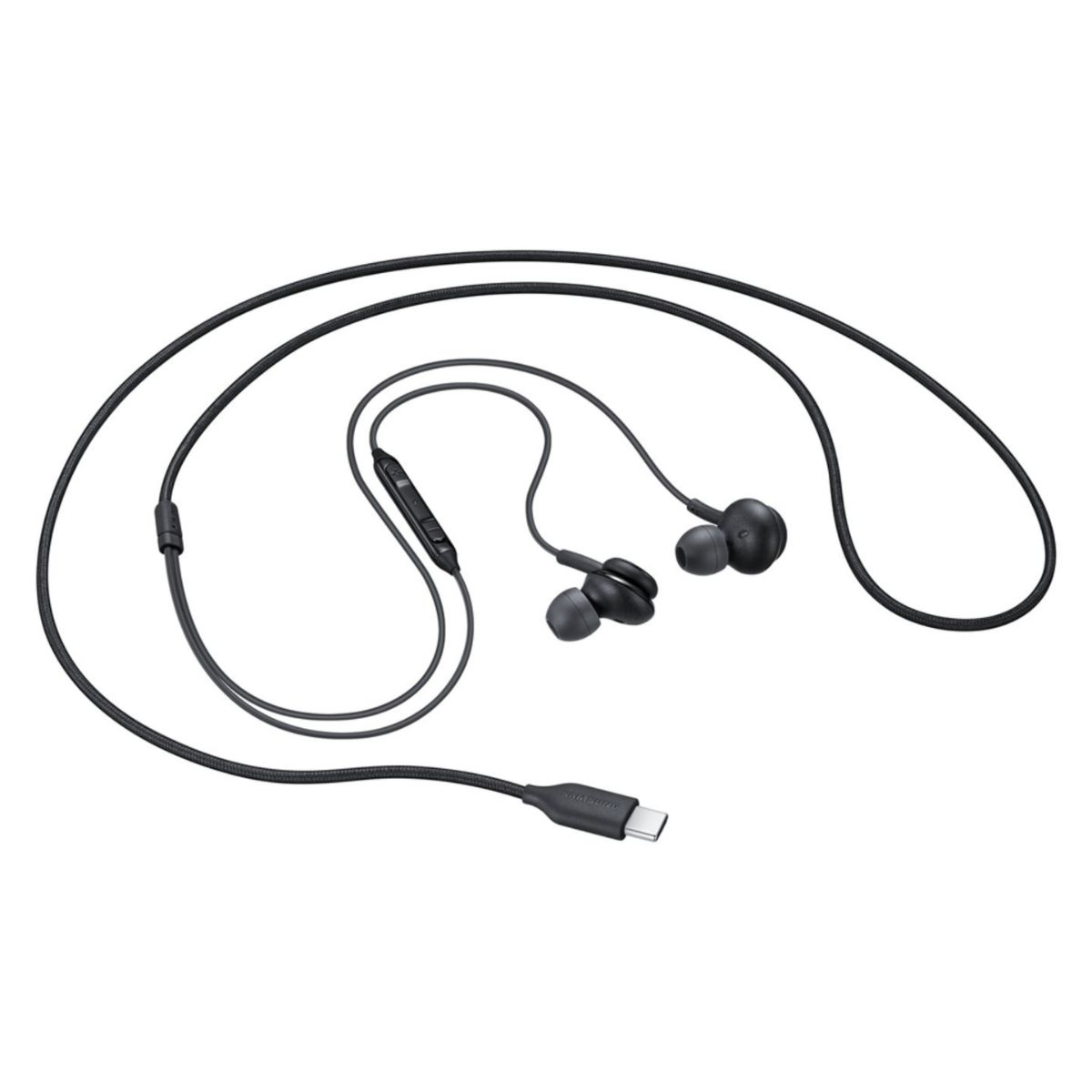 Schwarze Ohrhörer, verbunden durch ein Kabel mit Steuertaste und Typ-C-Anschluss.