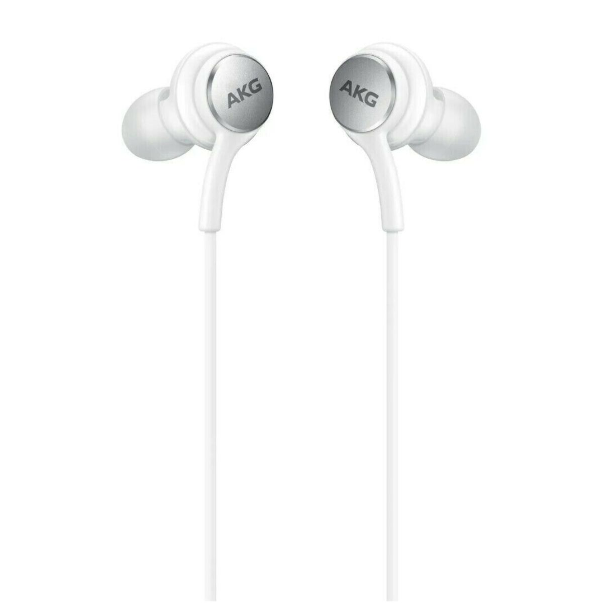 Auricolari AKG bianchi con logo AKG argento, con cavo bianco, su sfondo bianco.