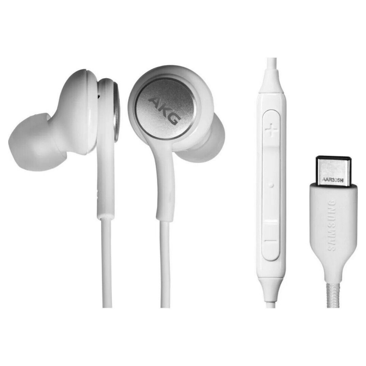 Auricolari AKG bianchi con cavo, un controller e un connettore USB-C.