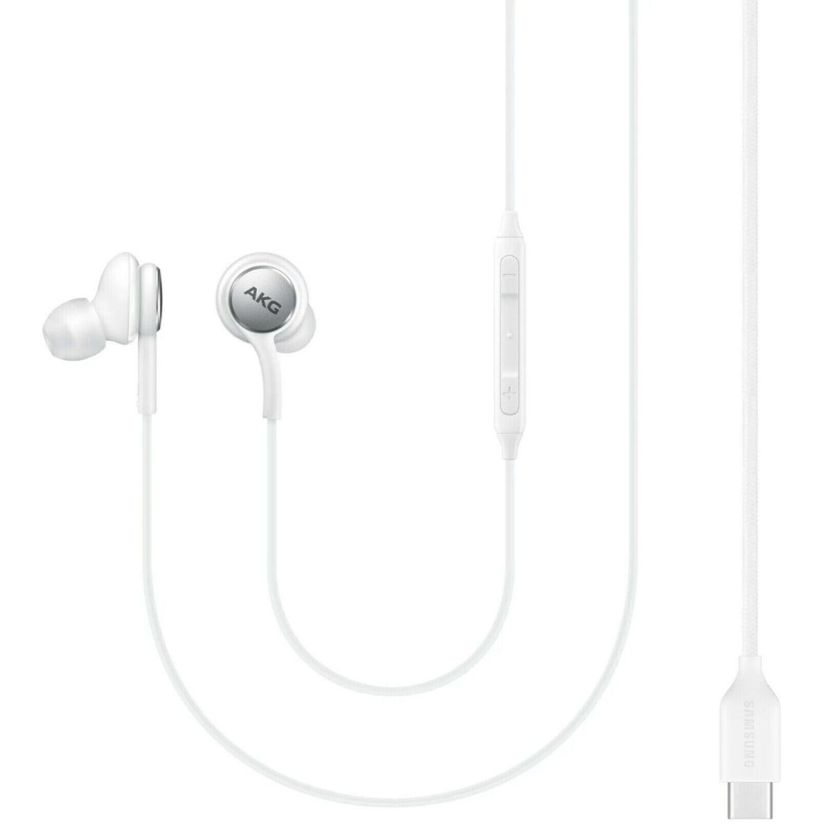 Auricolari AKG bianche con un telecomando e un connettore USB-C.