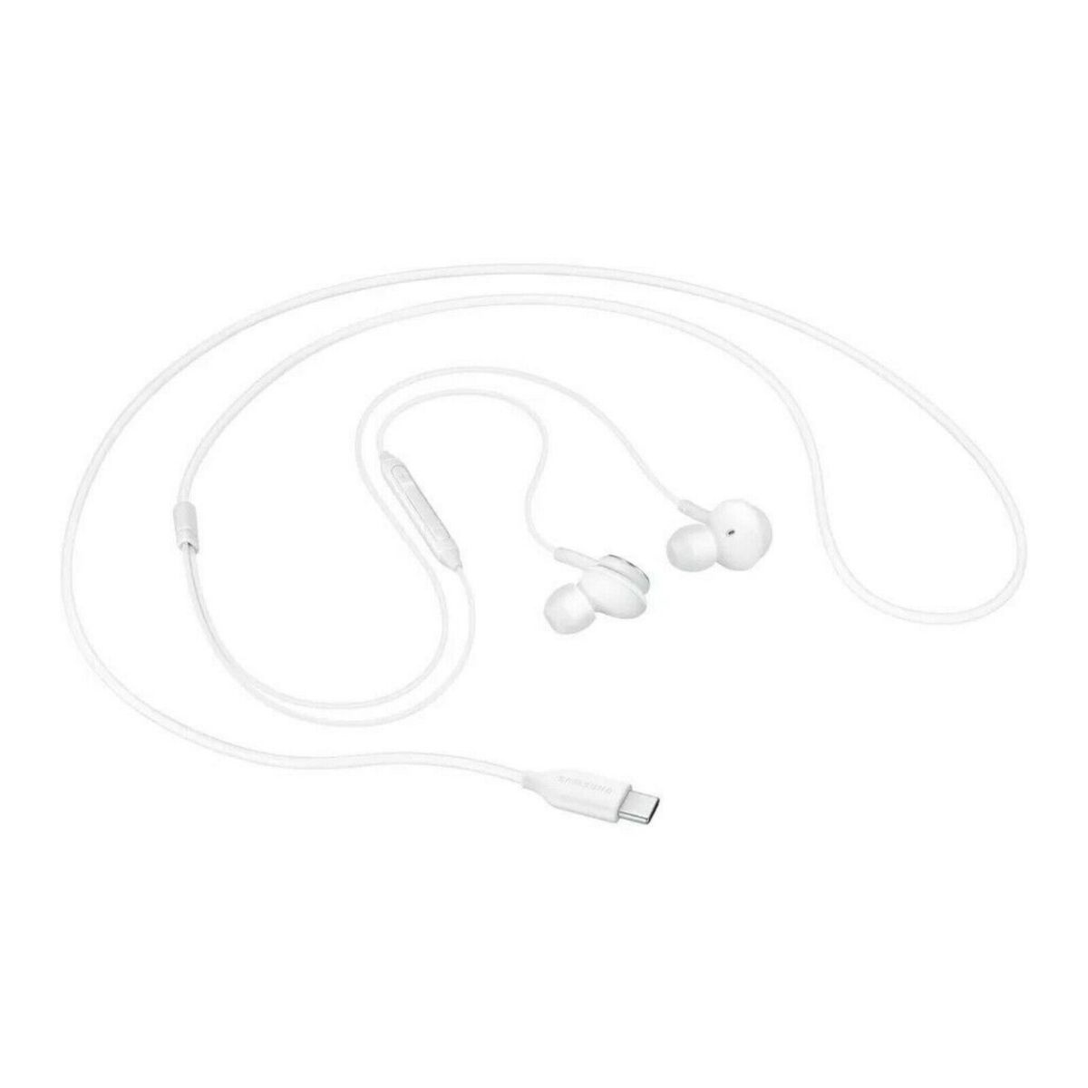 Auricolari cablati bianchi con connettore USB-C su una superficie bianca.