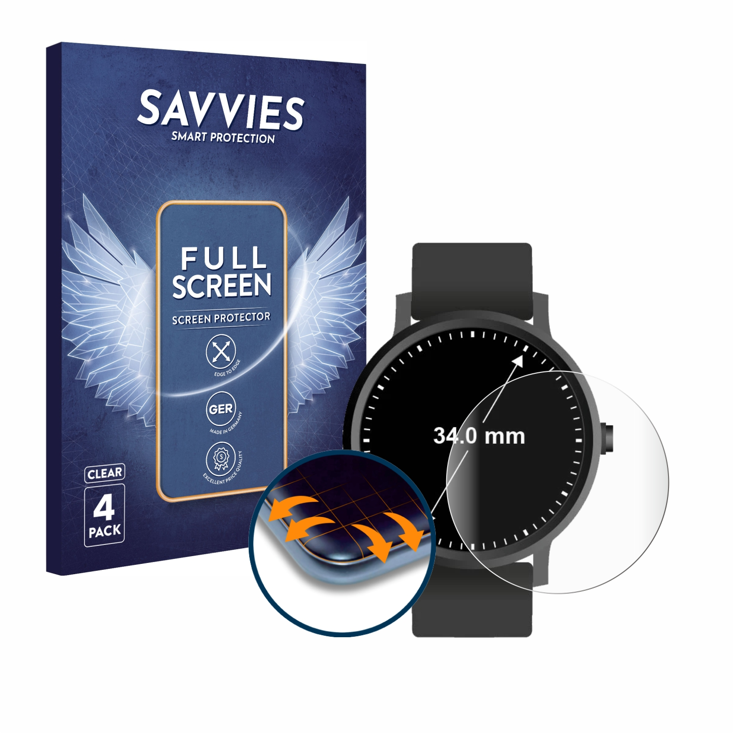 3D ø: 4x Armbanduhren SAVVIES 34 (Kreisrund, Schutzfolie(für Curved Flex Full-Cover Universal mm))