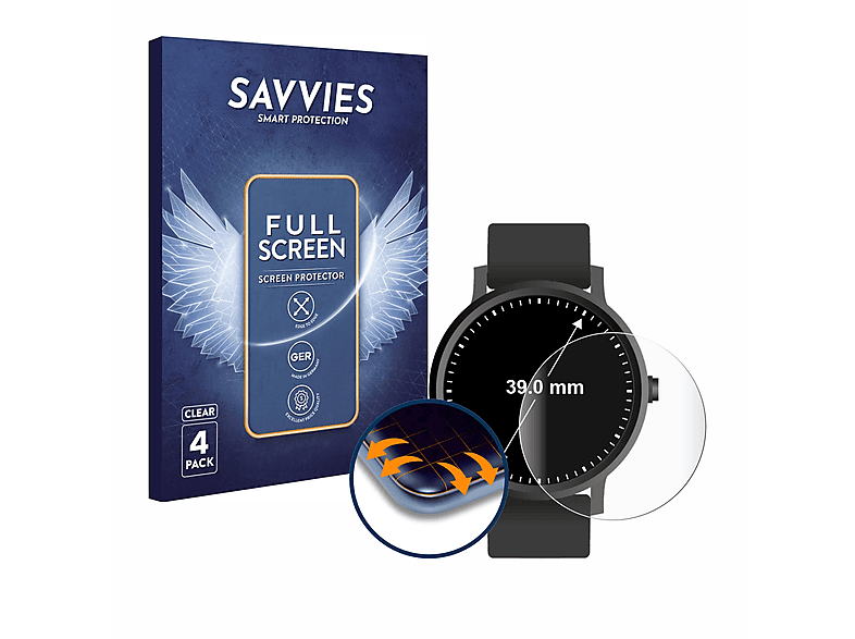 SAVVIES 4x Flex Full-Cover 3D Curved Schutzfolie(für Universal Armbanduhren (Kreisrund, ø: 39 mm))