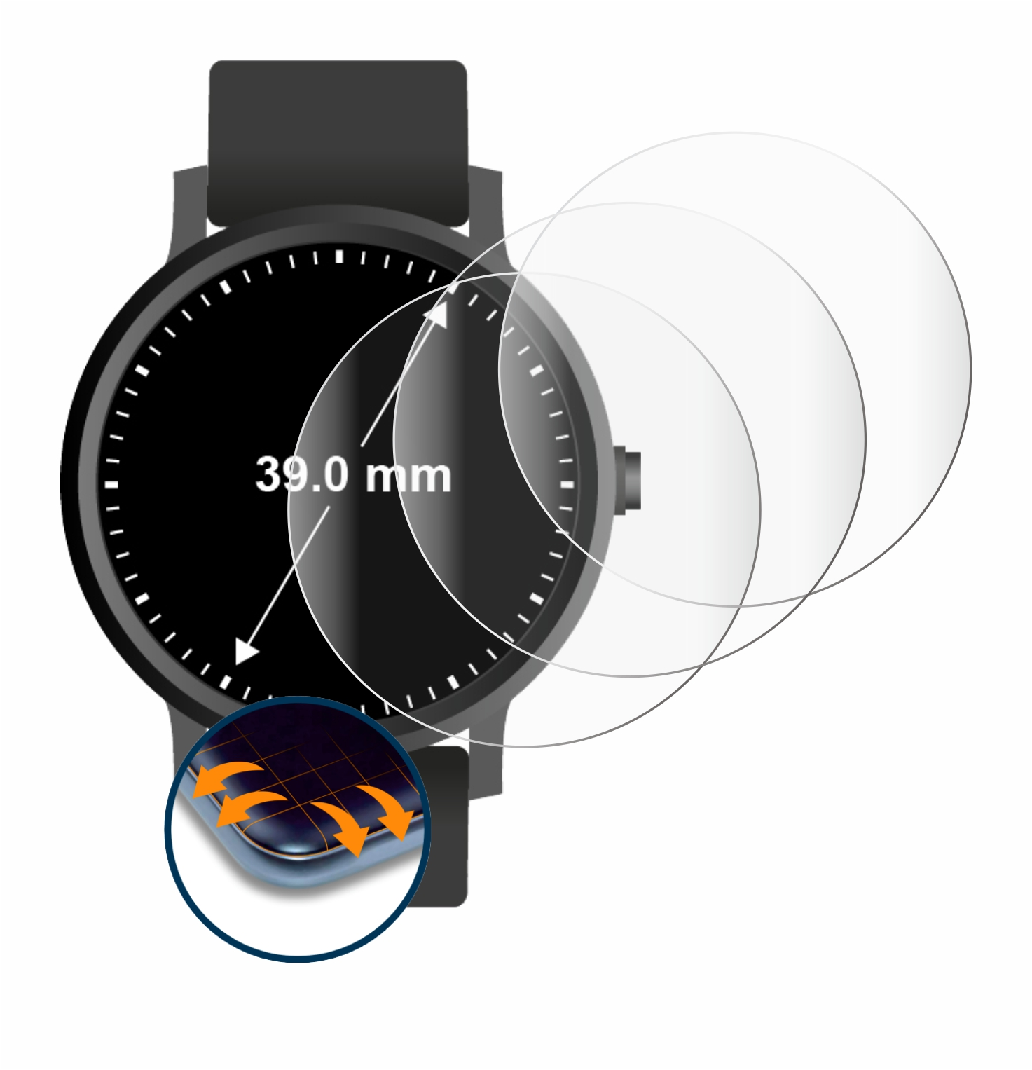 3D (Kreisrund, Schutzfolie(für ø: Full-Cover Curved mm)) 4x Universal 39 SAVVIES Flex Armbanduhren