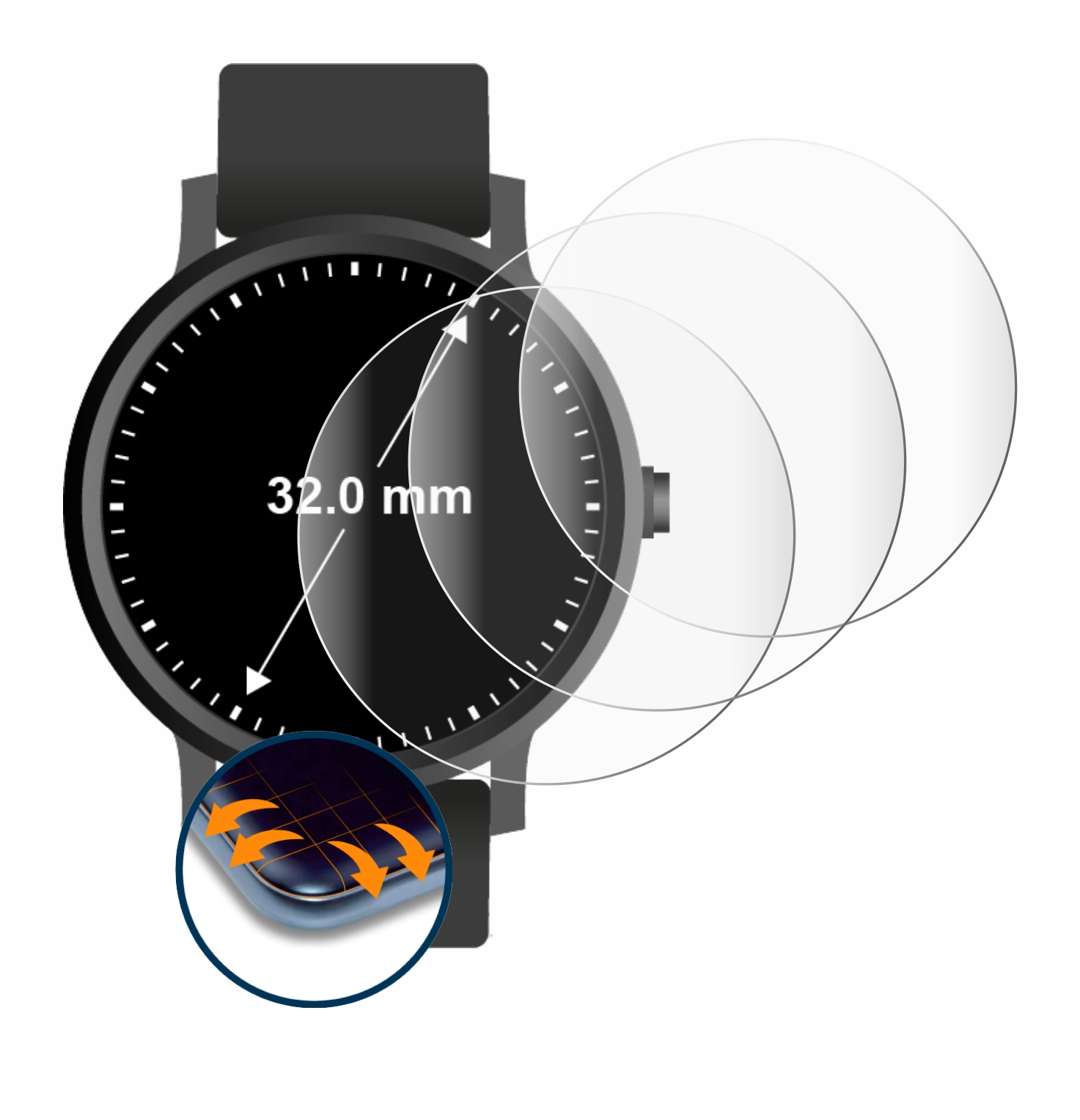 SAVVIES 4x Flex Full-Cover Armbanduhren mm)) ø: Universal Schutzfolie(für 32 (Kreisrund, Curved 3D