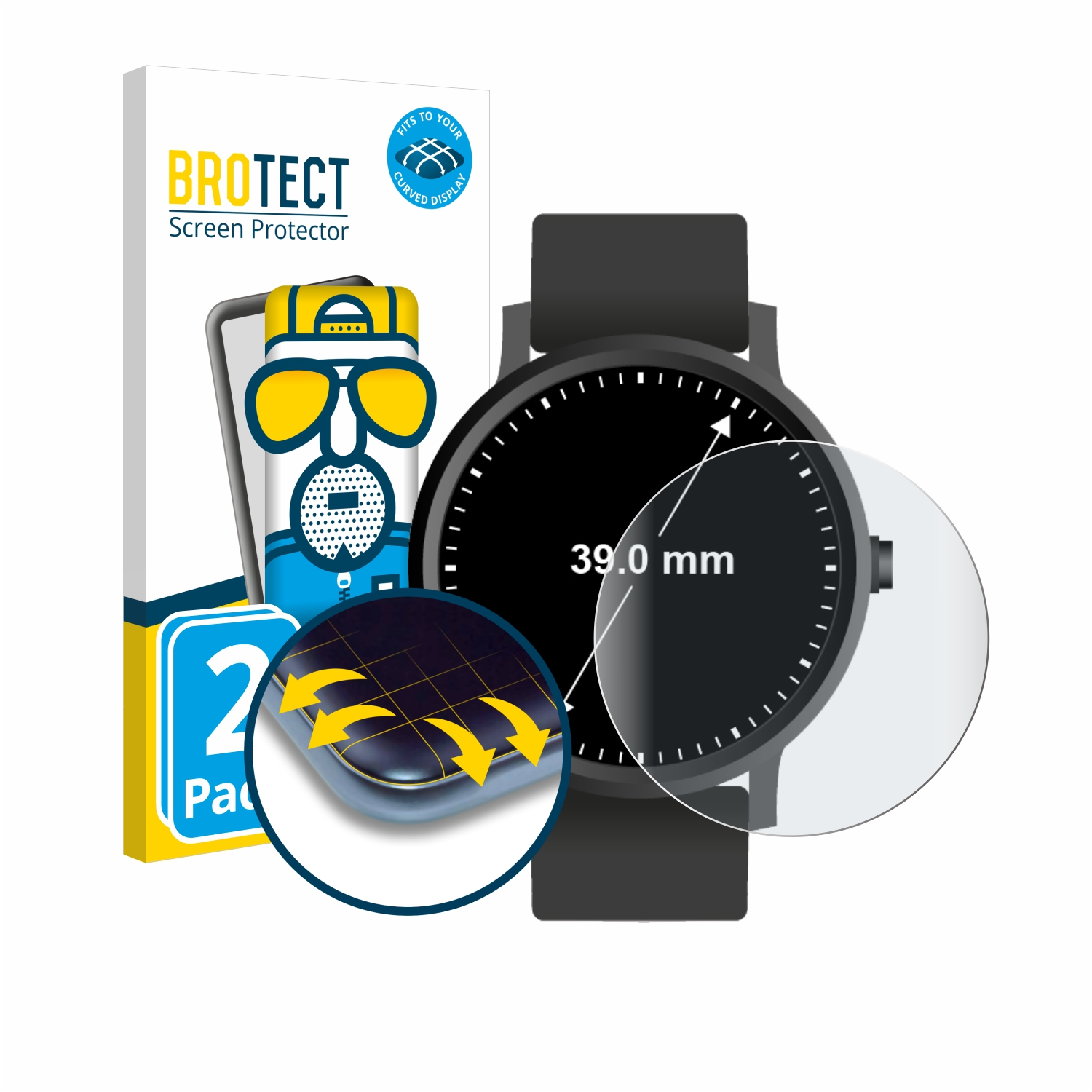 BROTECT 2x 3D (Kreisrund, Curved Universal ø: Flex 39 Armbanduhren Full-Cover matt Schutzfolie(für mm))