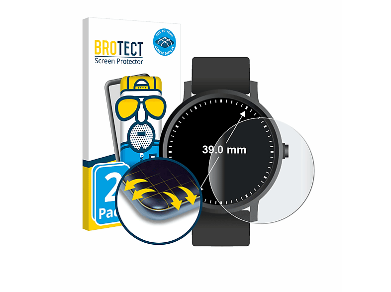 BROTECT 2x Flex matt Full-Cover 3D Curved Schutzfolie(für Universal Armbanduhren (Kreisrund, ø: 39 mm))