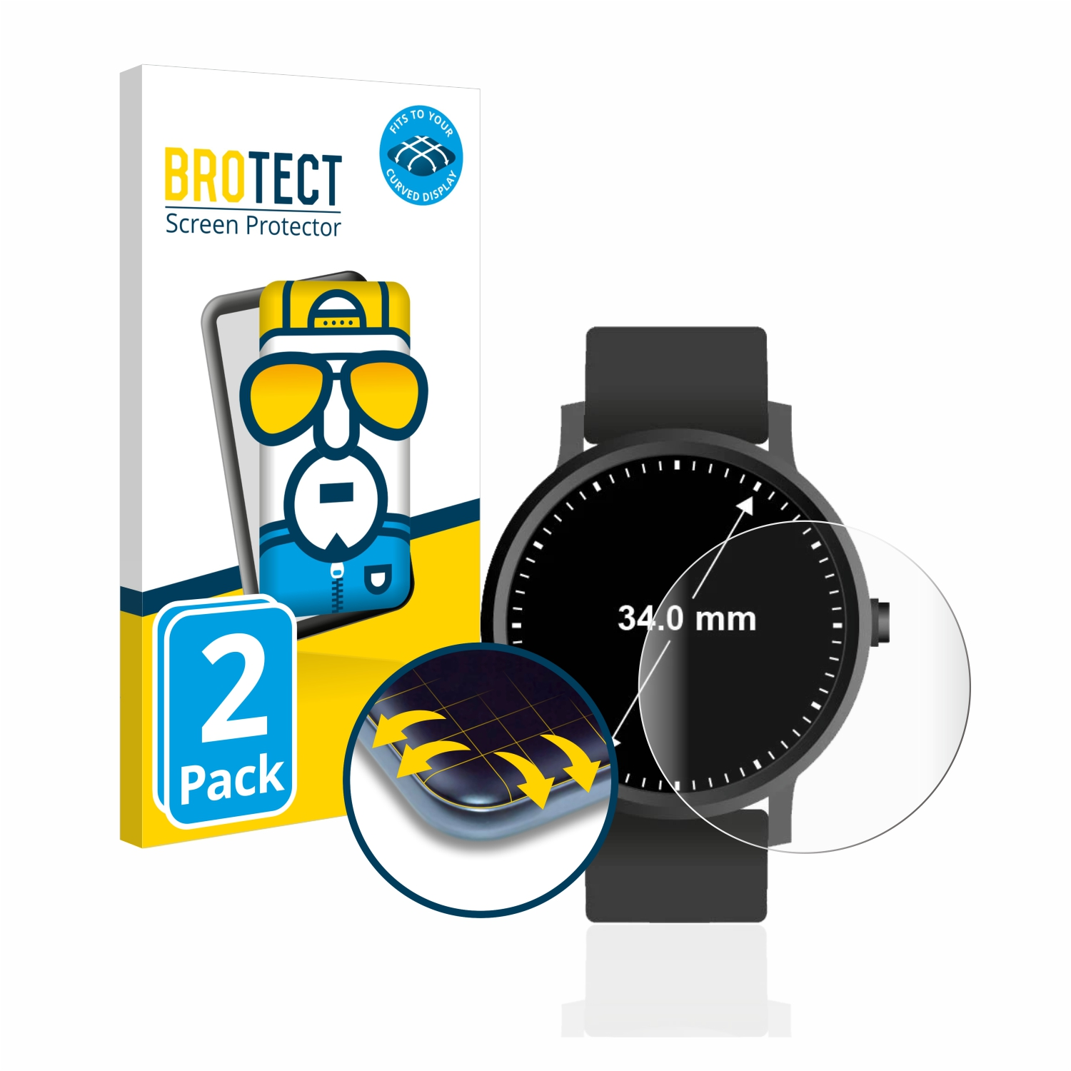 BROTECT 2x Flex Full-Cover Armbanduhren (Kreisrund, ø: 34 mm)) Universal Schutzfolie(für Curved 3D