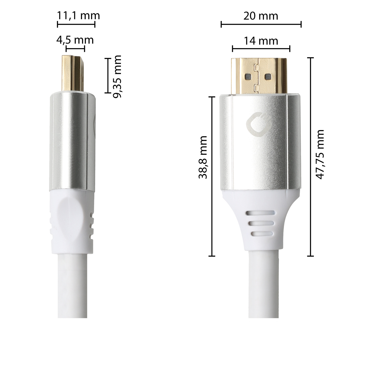 Nahaufnahme von zwei HDMI-Kabeln mit Maßen. Silberne und weiße Kabel mit goldenen Steckern.