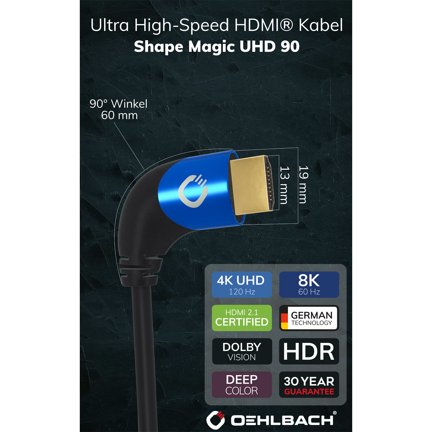 HDMI-Kabel mit blauem und goldenem Stecker. Text: 4K UHD, 8K, Dolby Vision, 30 Jahre Garantie.